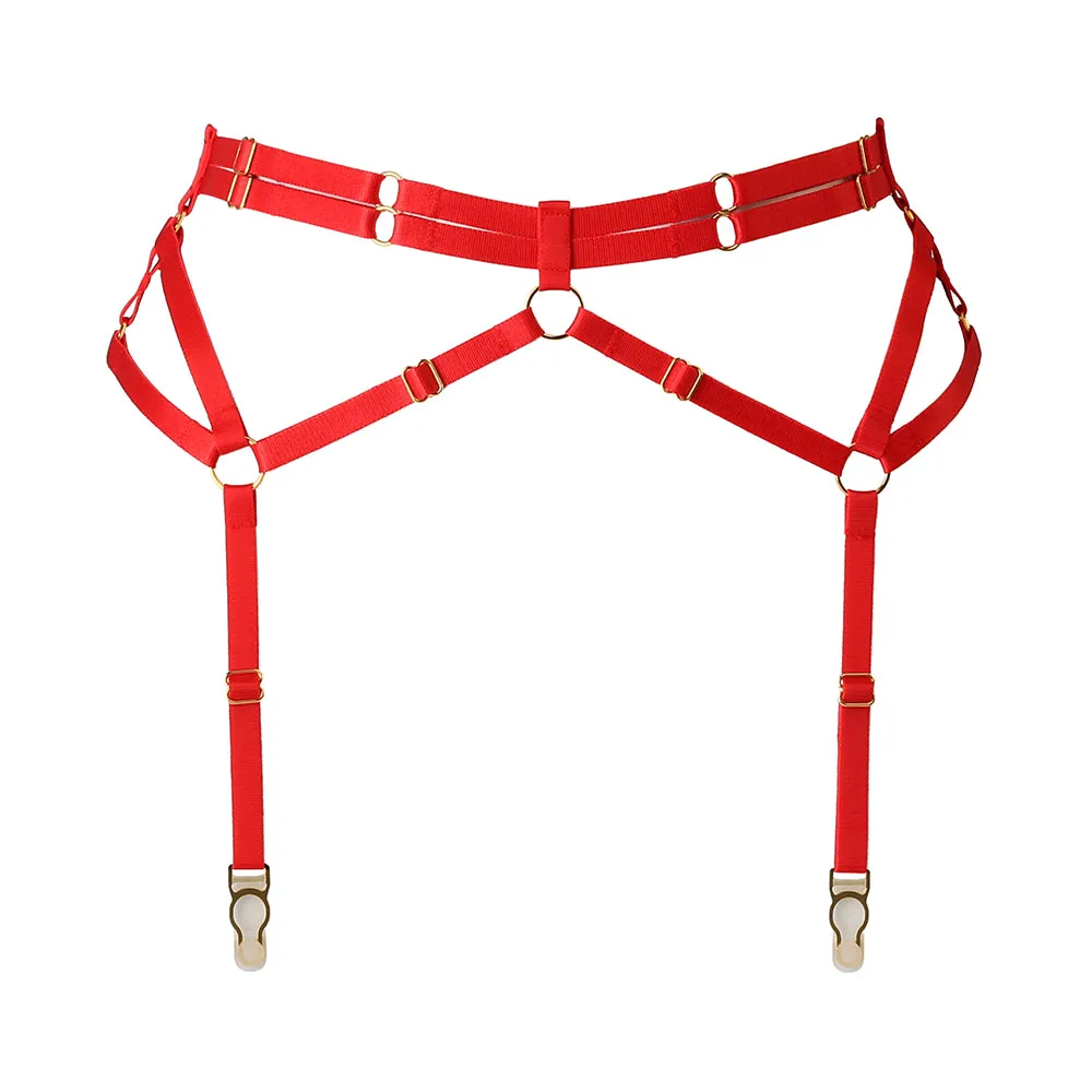Adjustable Red Bondage Garter Belt with Gold Sliders