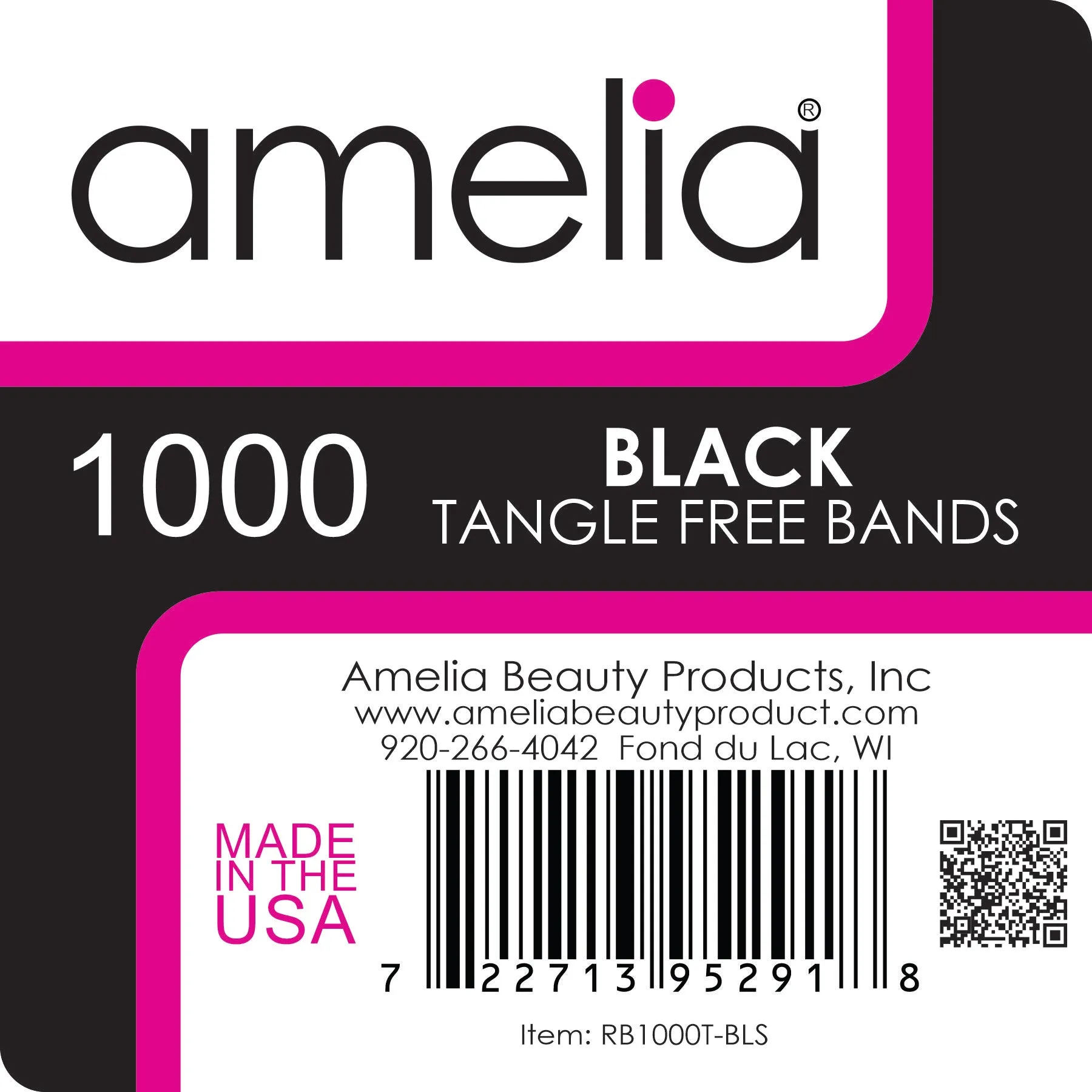 Amelia Beauty | 1/2in, Black, Tangle Free Elastic Pony Tail Holders | Made in USA, Ideal for Ponytails, Braids, Twists. For Women, Girls. Pain Free, Snag Free, Easy Off | 1000 Pack