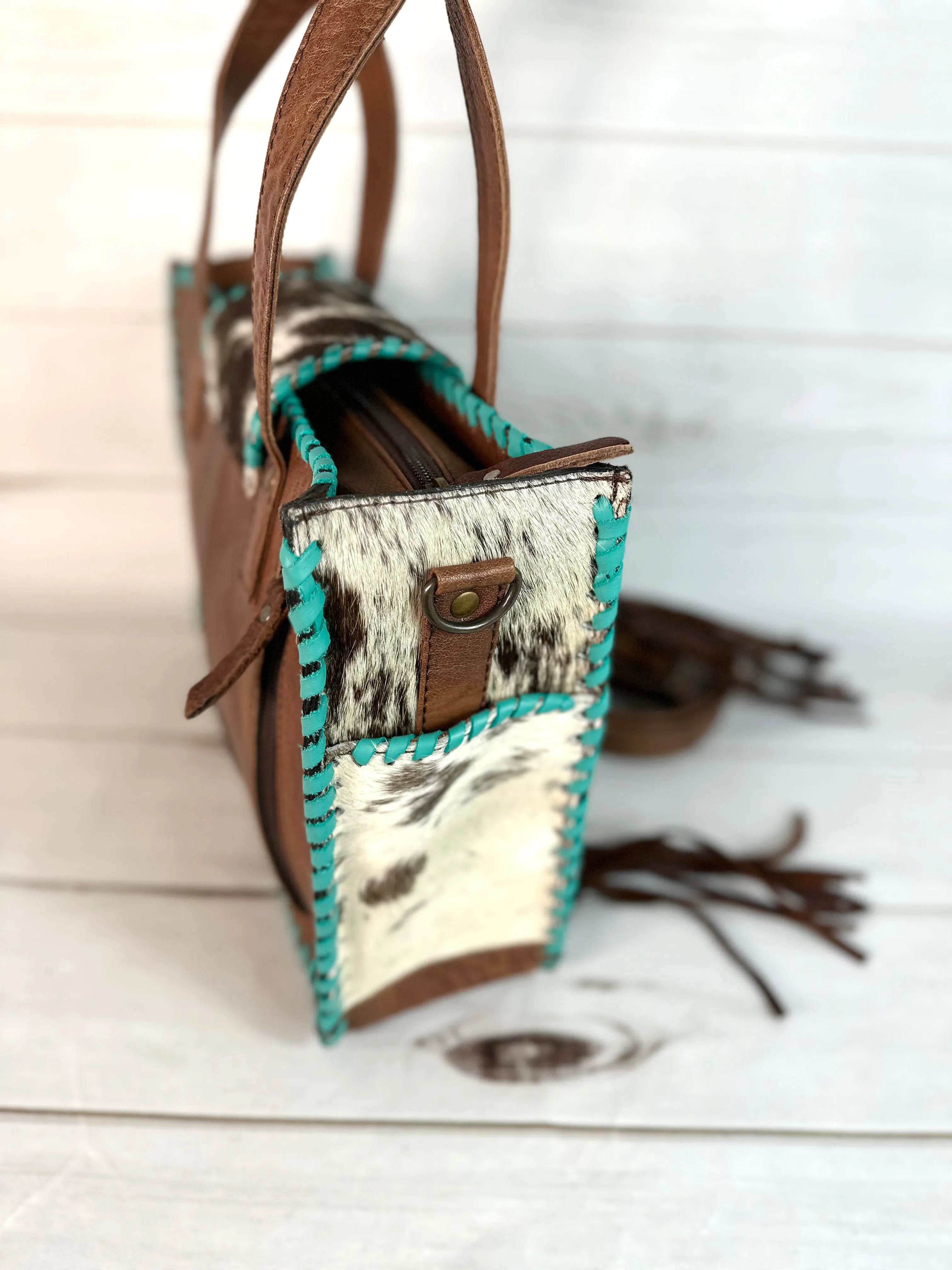 American Cowhide Turquoise Leather Whipstitch Tote Purse