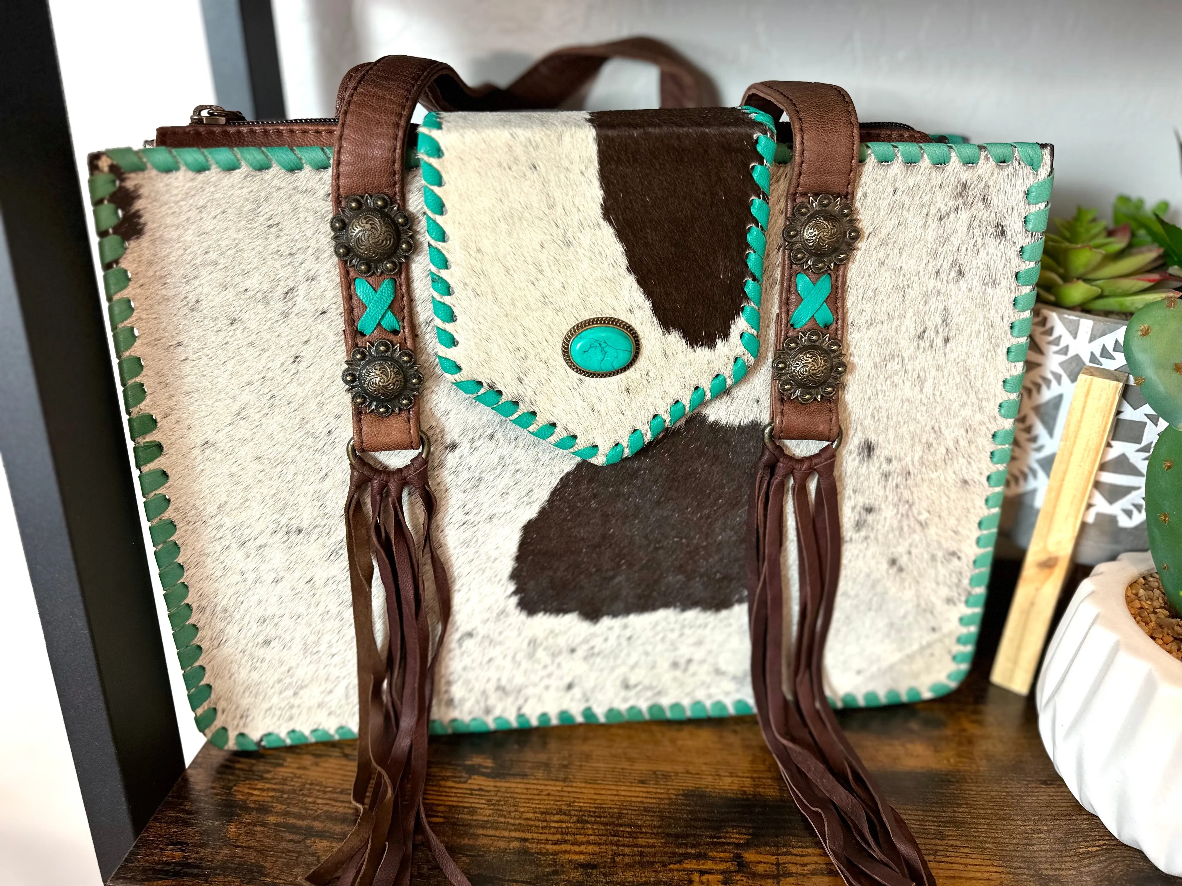American Cowhide Turquoise Leather Whipstitch Tote Purse