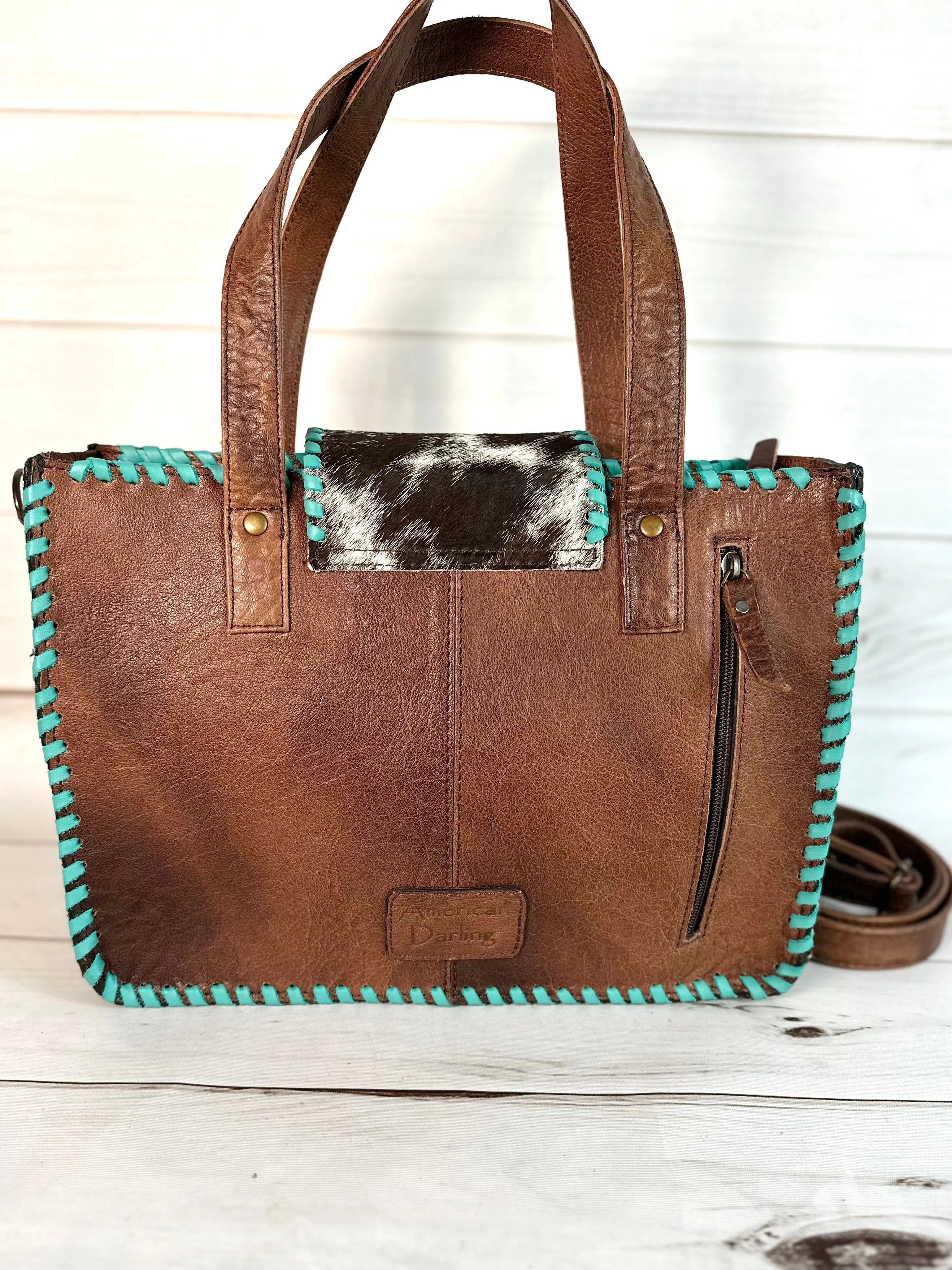 American Cowhide Turquoise Leather Whipstitch Tote Purse
