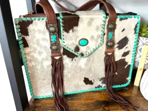 American Cowhide Turquoise Leather Whipstitch Tote Purse