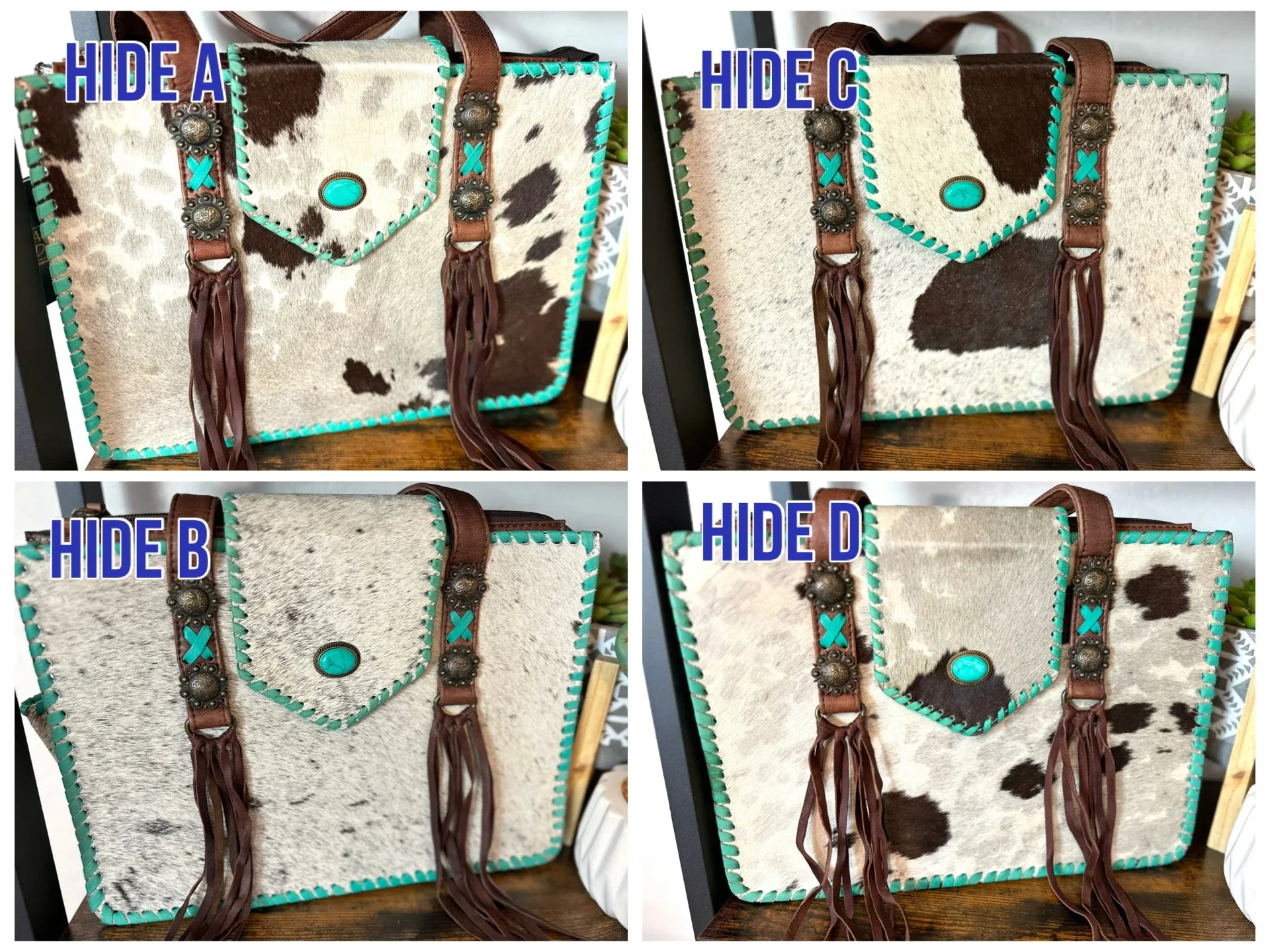 American Cowhide Turquoise Leather Whipstitch Tote Purse