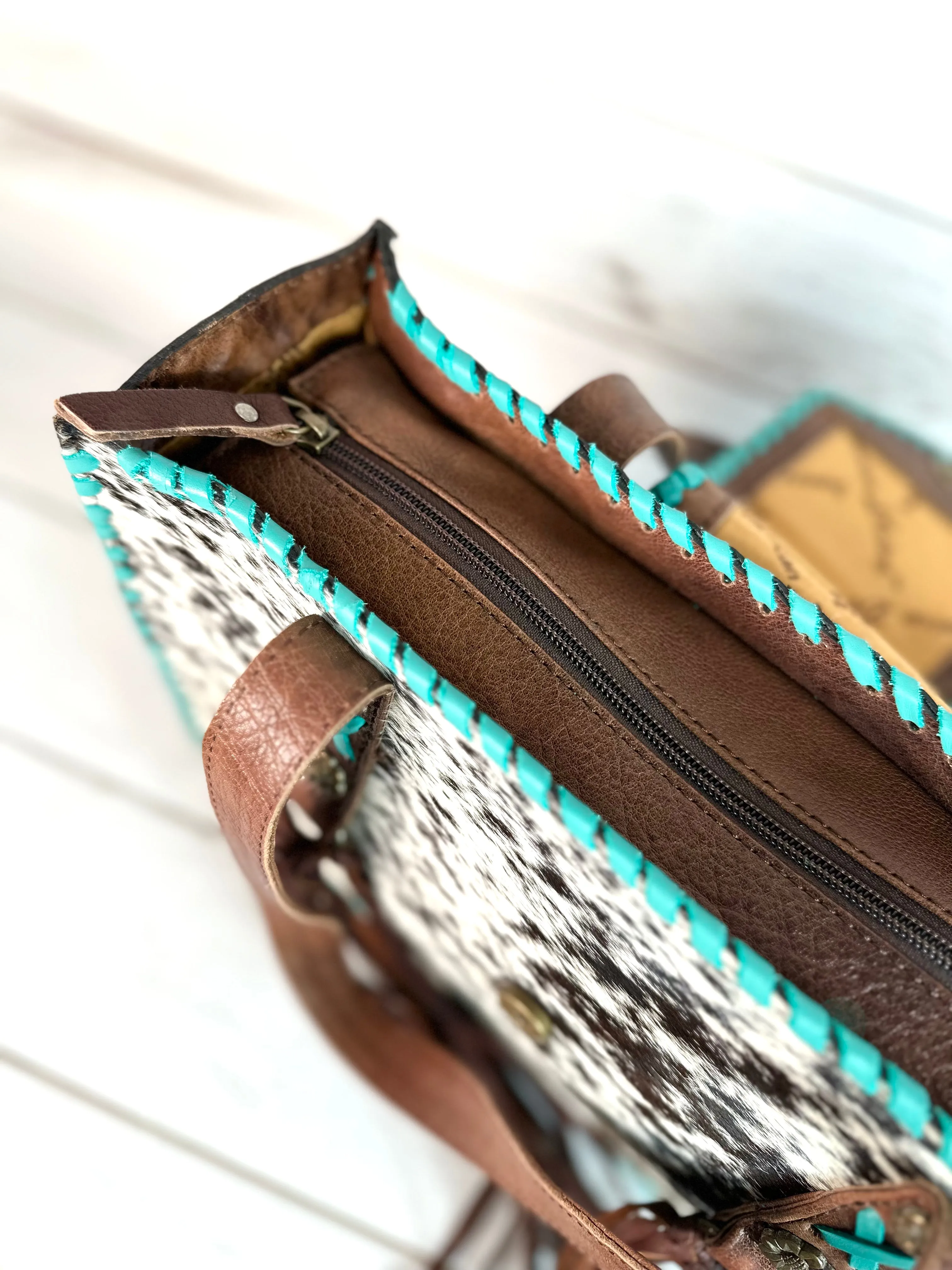 American Cowhide Turquoise Leather Whipstitch Tote Purse
