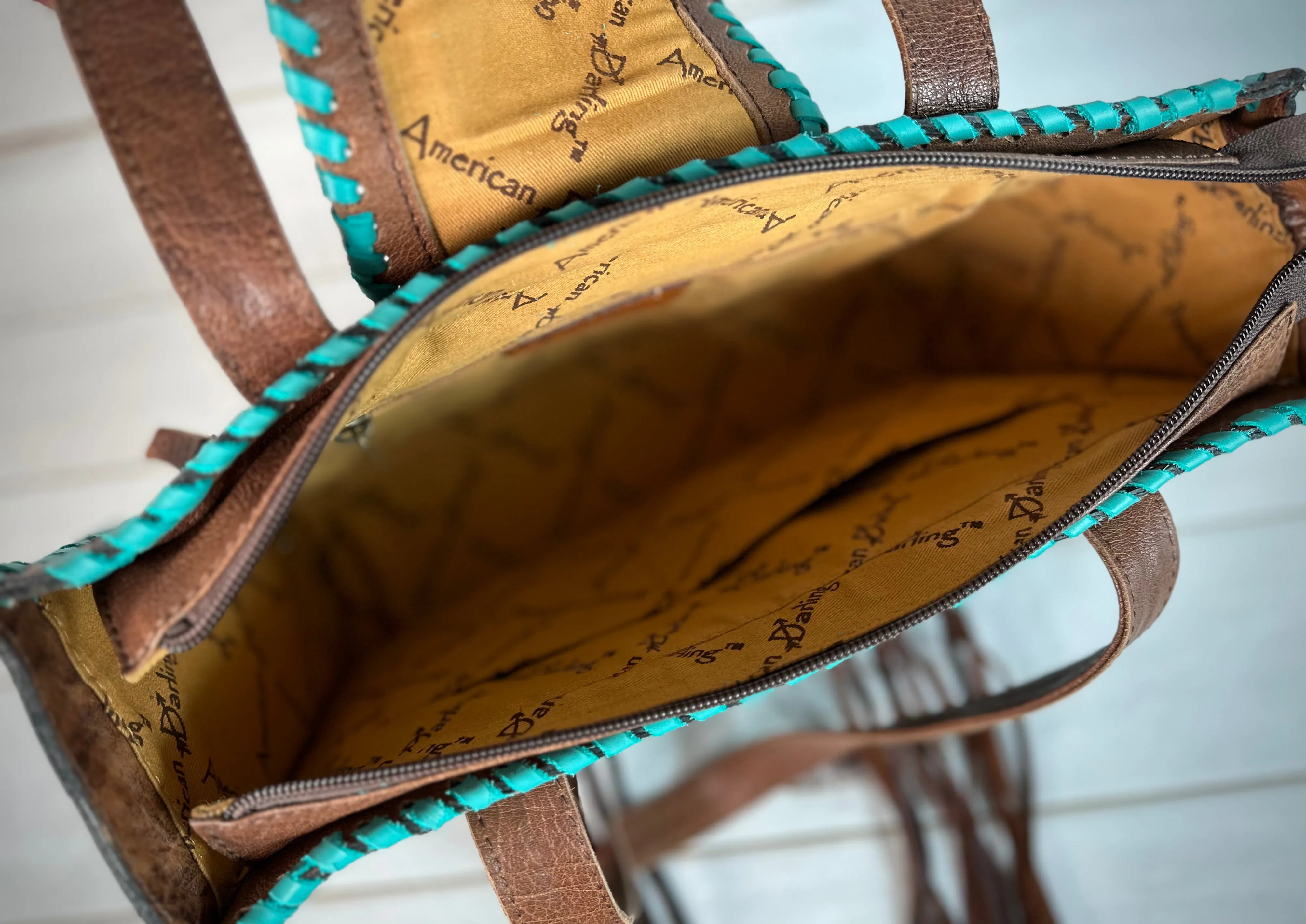 American Cowhide Turquoise Leather Whipstitch Tote Purse