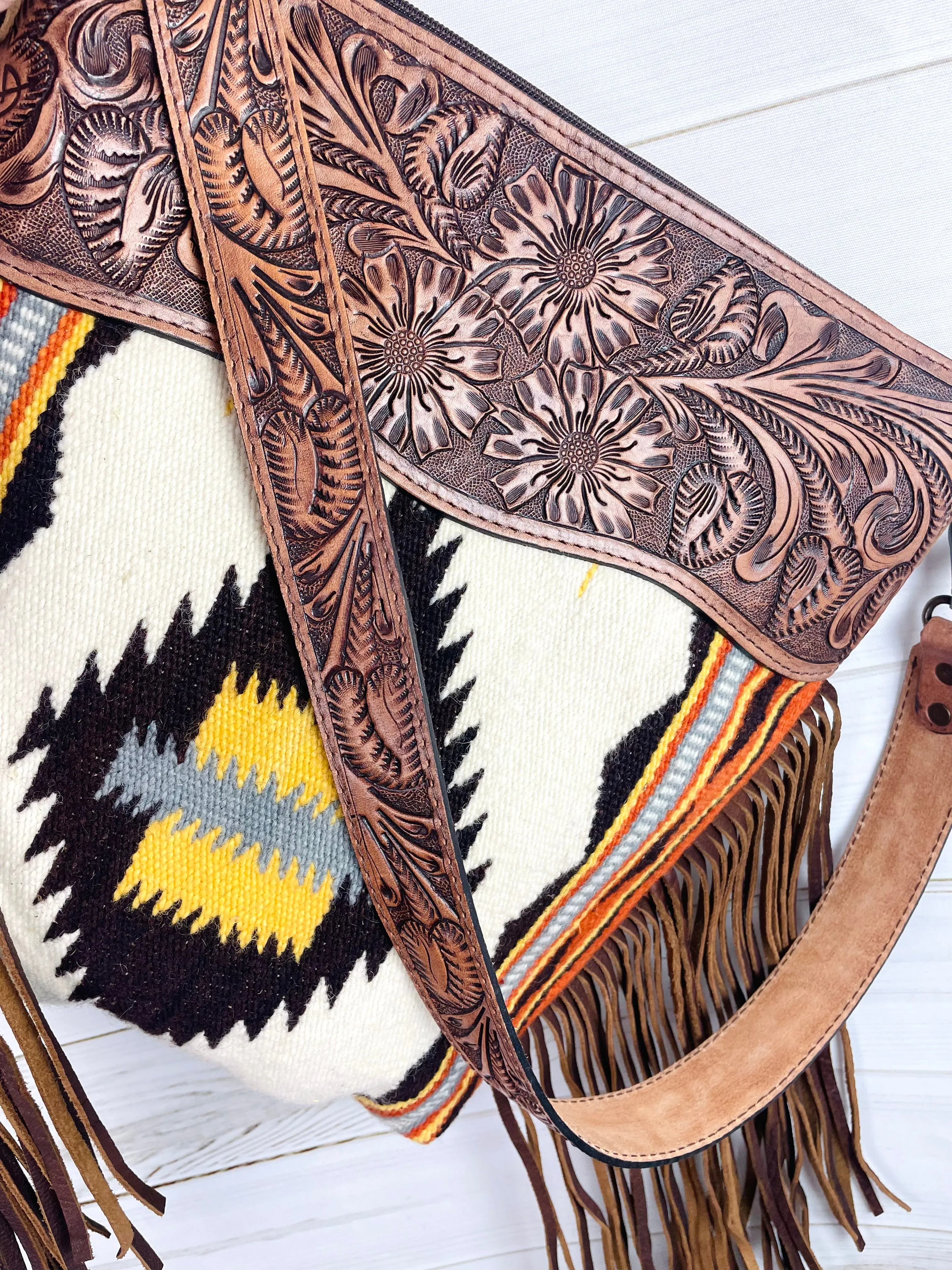 Ash Neutral Native Pattern Wool Leather Tooled Fringe Handbag