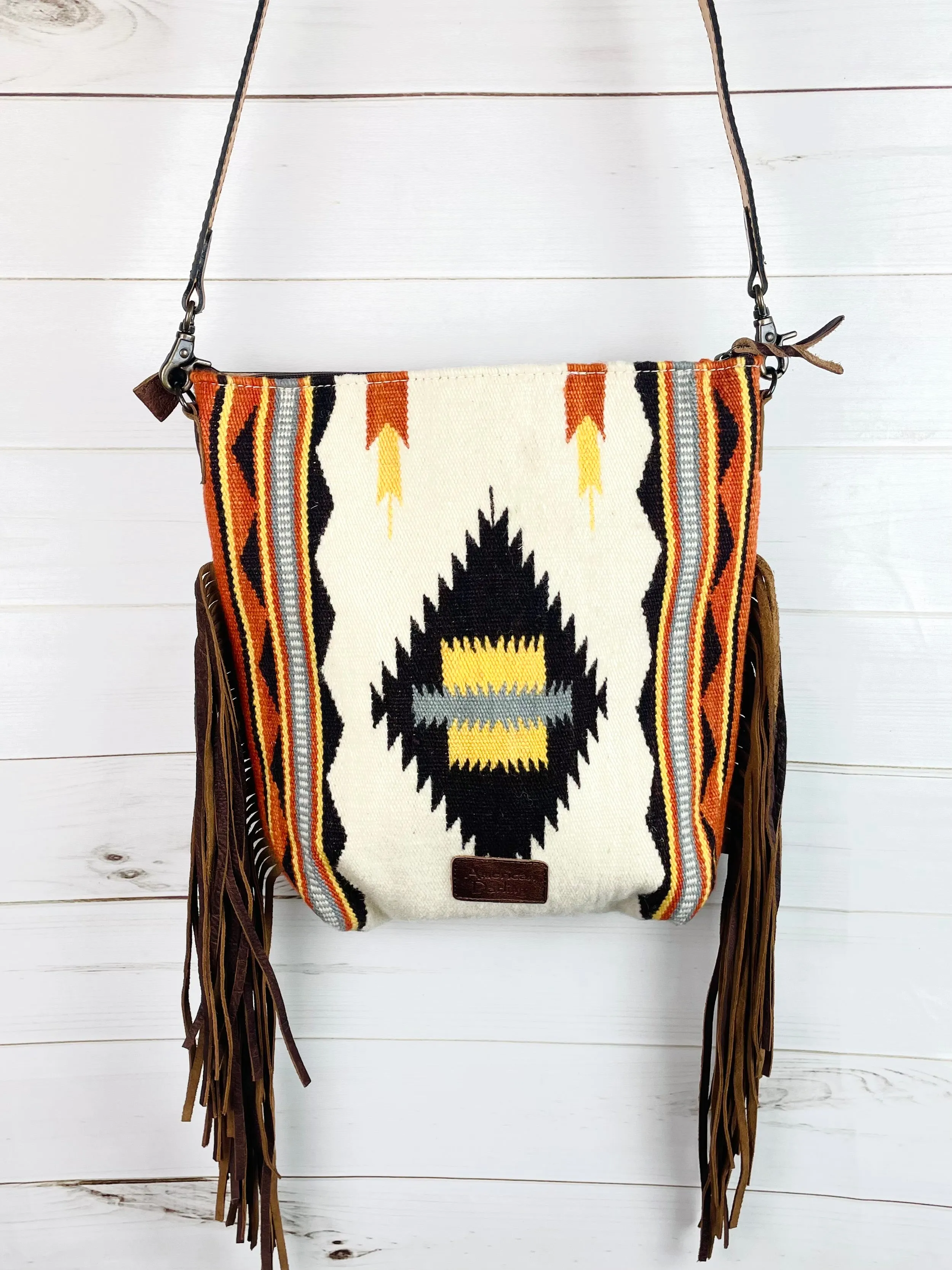 Ash Neutral Native Pattern Wool Leather Tooled Fringe Handbag