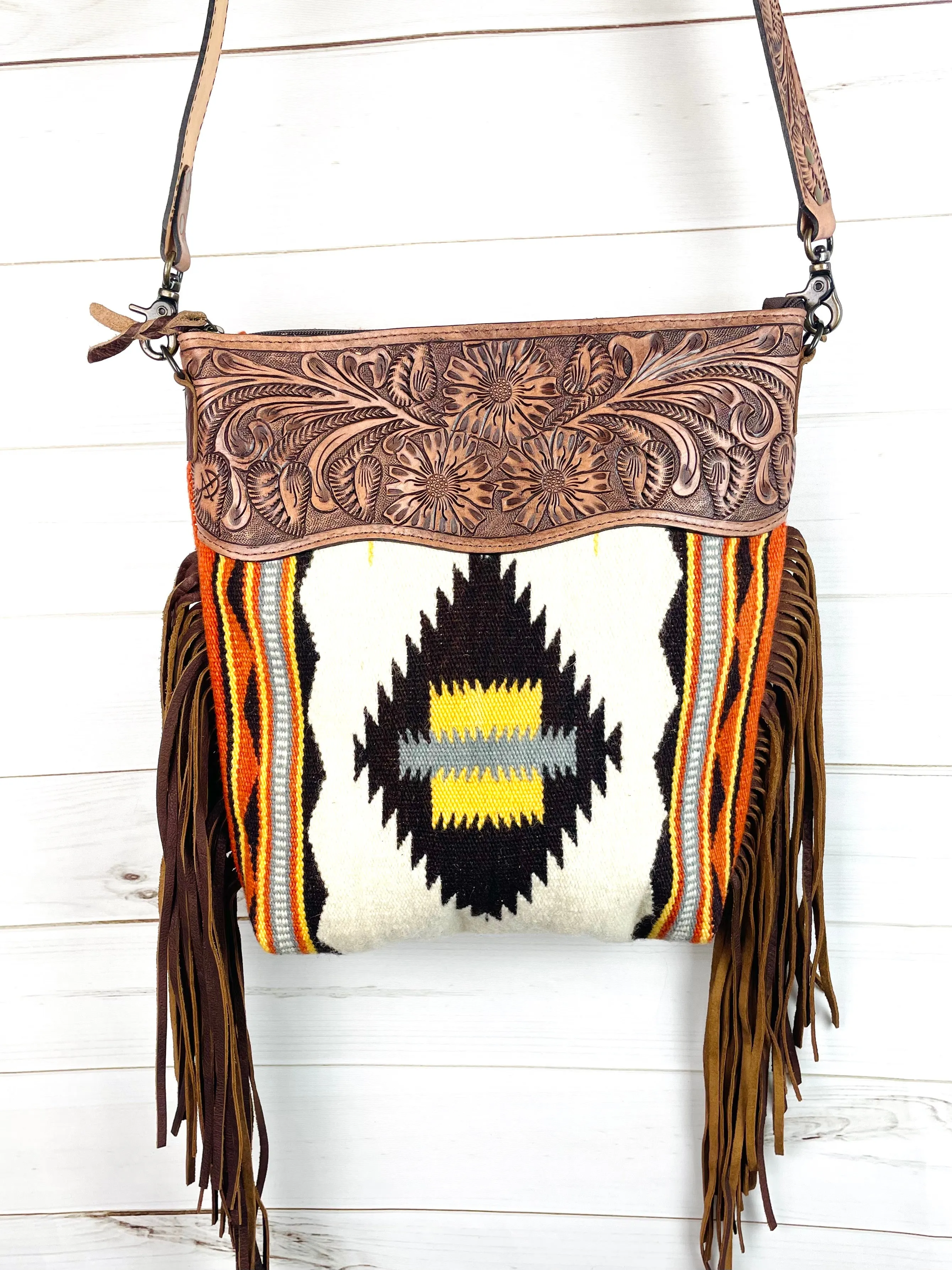 Ash Neutral Native Pattern Wool Leather Tooled Fringe Handbag