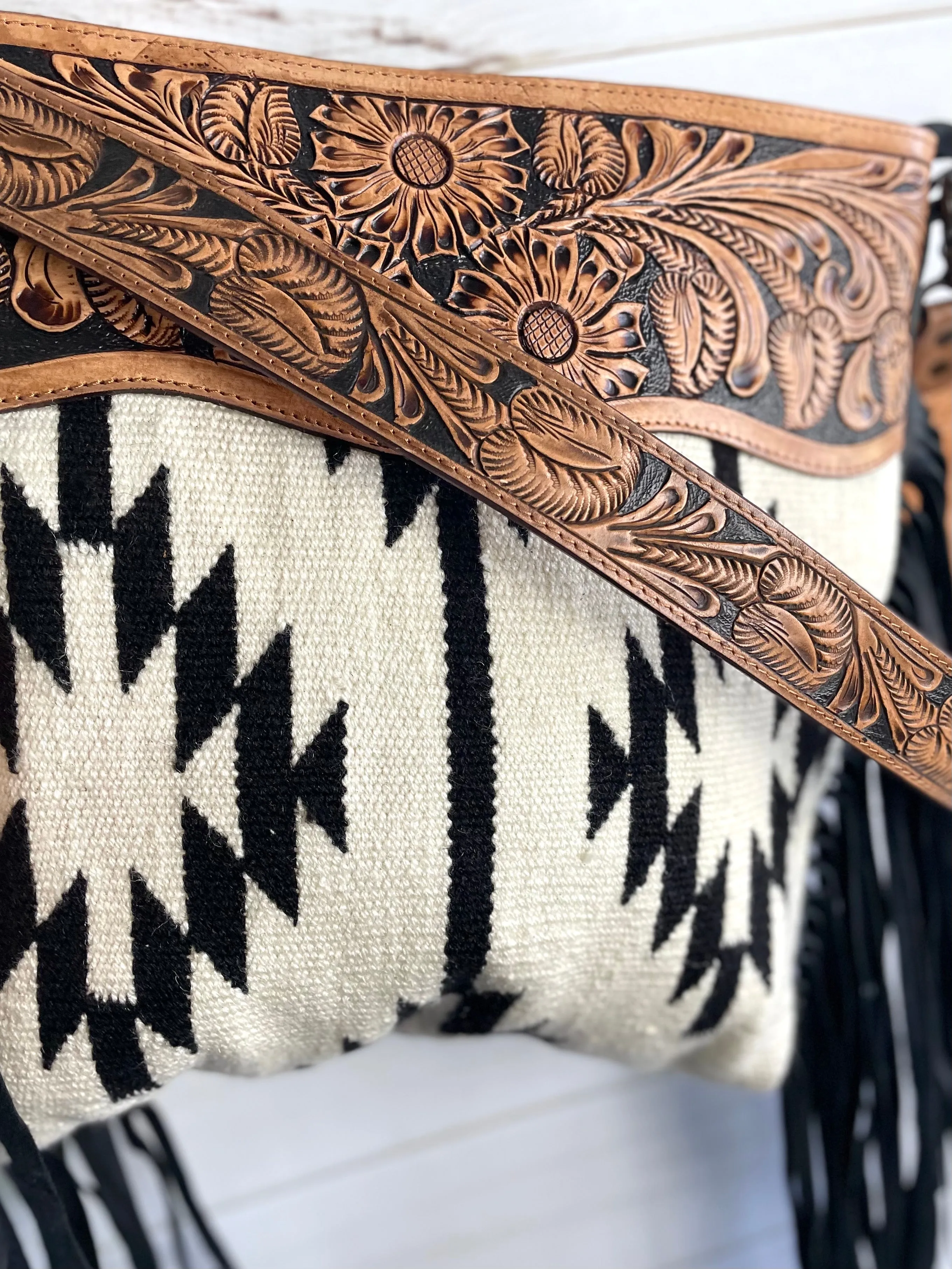Aztec Patterned Cream and Black Wool Leather Tooled Fringe Bag