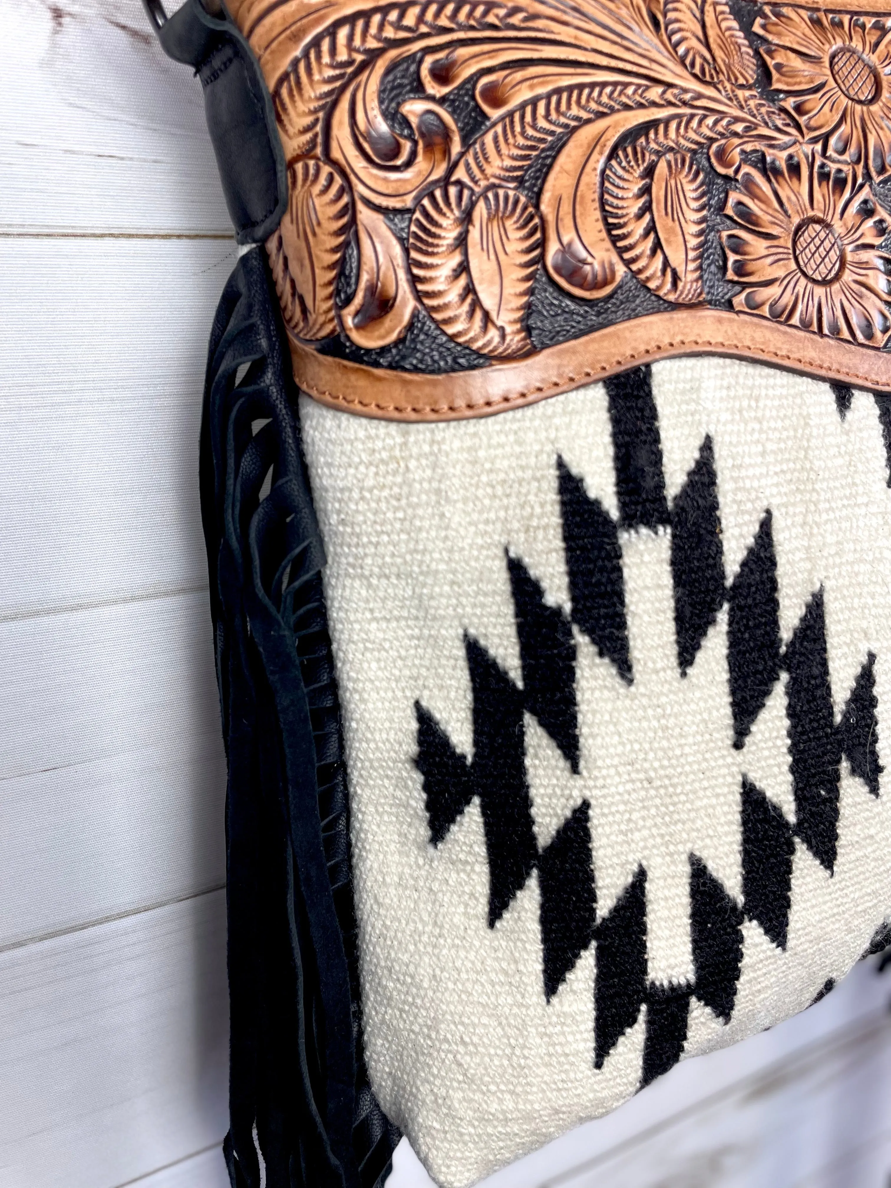 Aztec Patterned Cream and Black Wool Leather Tooled Fringe Bag