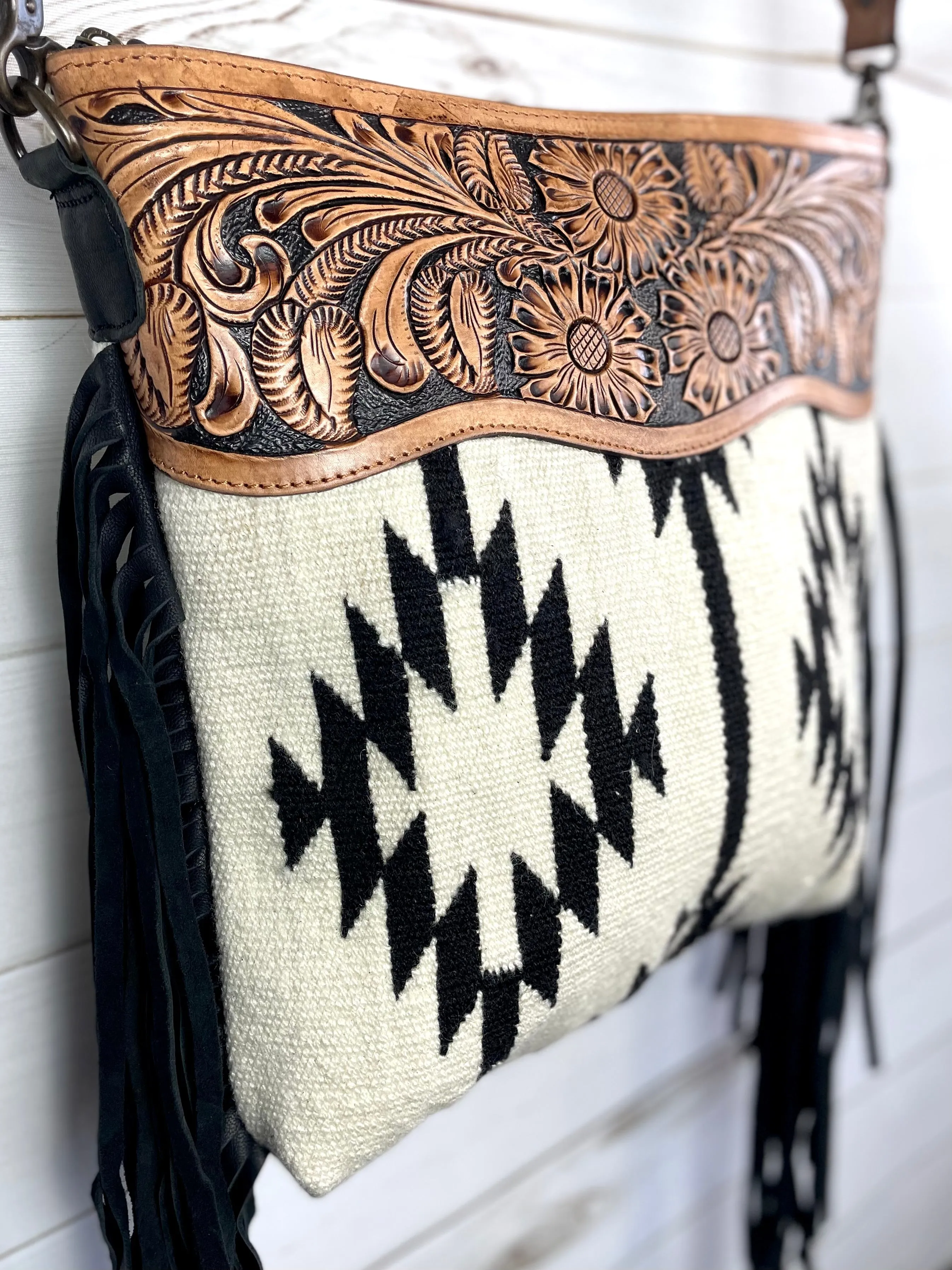 Aztec Patterned Cream and Black Wool Leather Tooled Fringe Bag