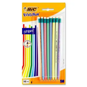 BIC - Card 8 Asst Evolution Pencils & Erasers HB - Stripes