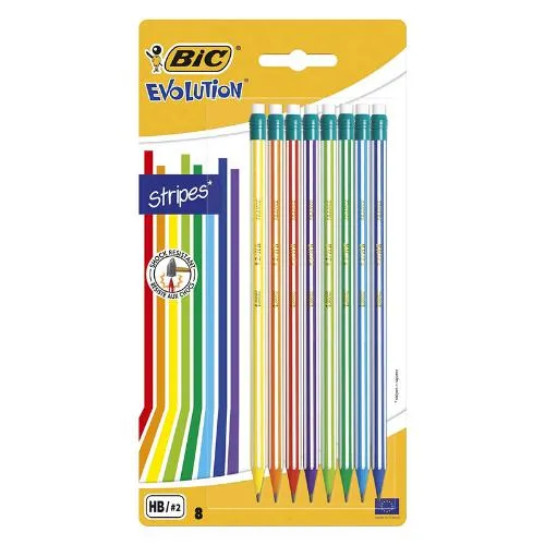 BIC - Card 8 Asst Evolution Pencils & Erasers HB - Stripes