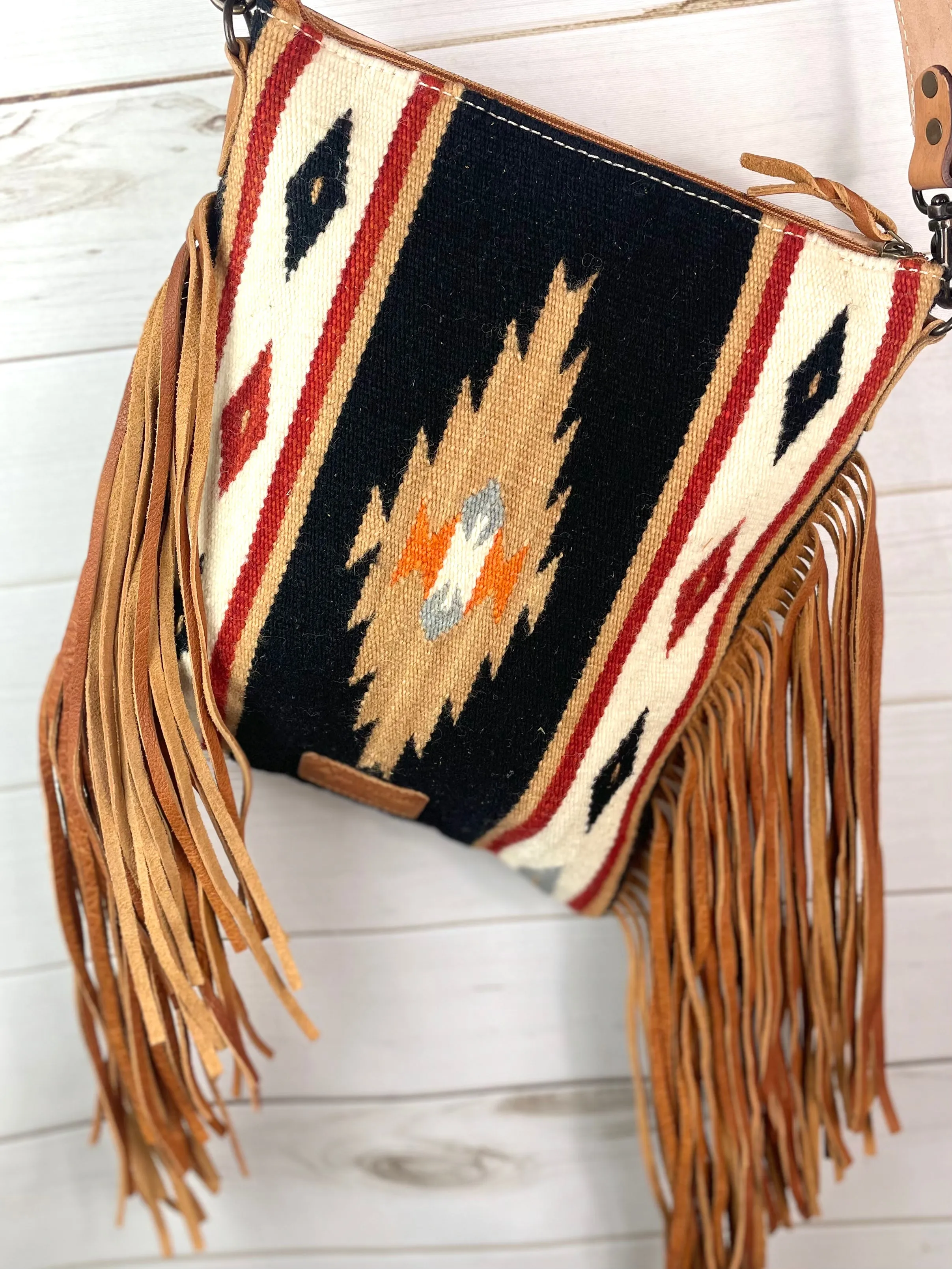 Black and Tan Wool Diamond Pattern Fringe Handbag