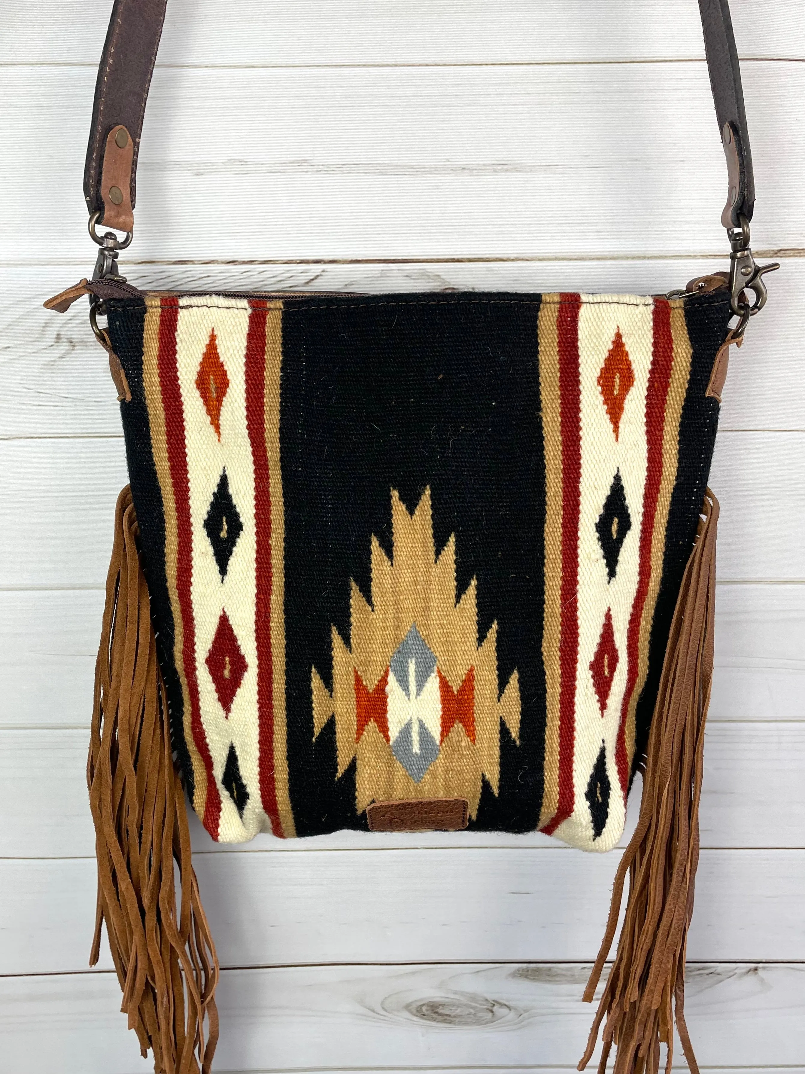 Black and Tan Wool Diamond Pattern Fringe Handbag