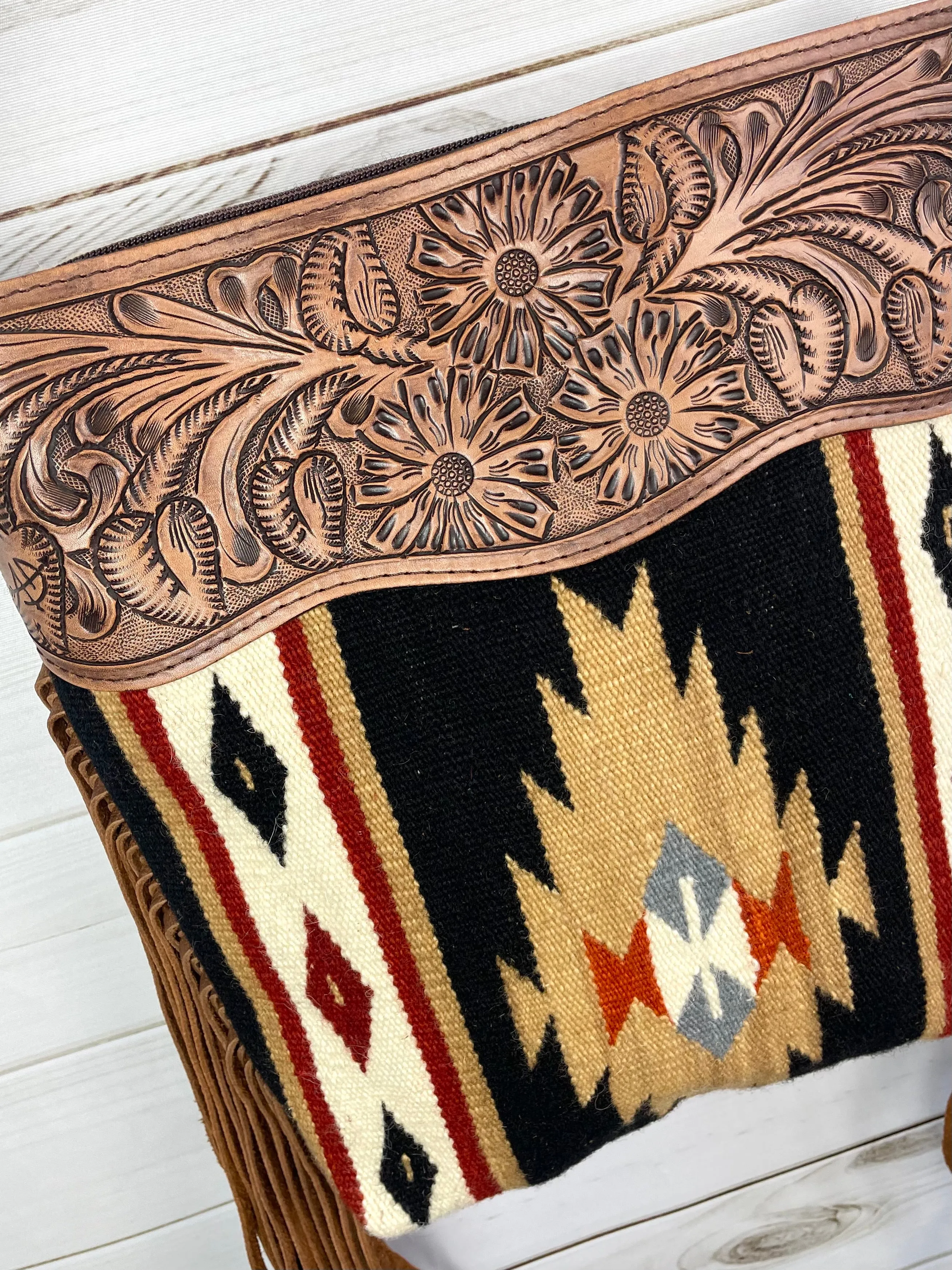 Black and Tan Wool Diamond Pattern Fringe Handbag