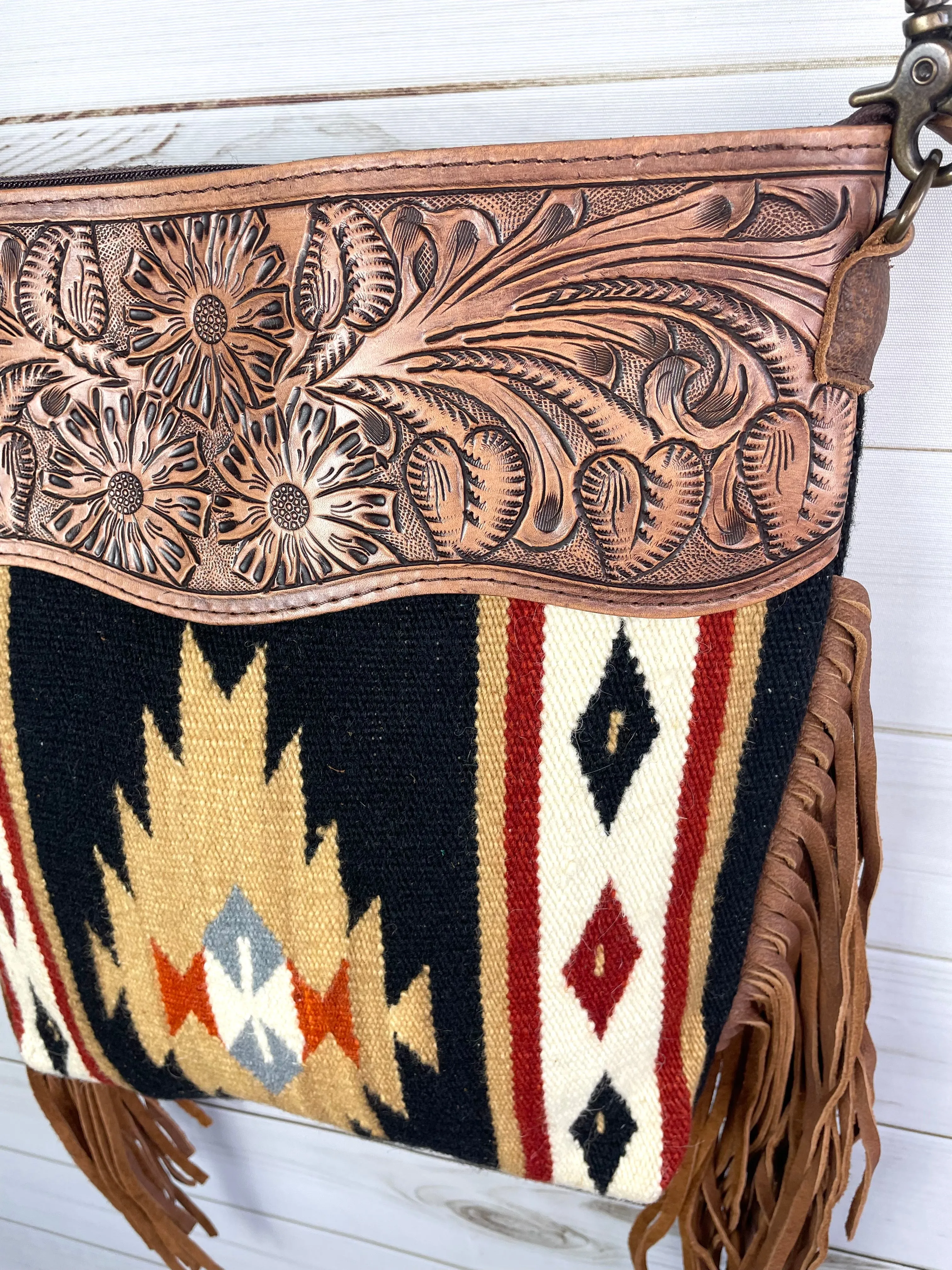 Black and Tan Wool Diamond Pattern Fringe Handbag
