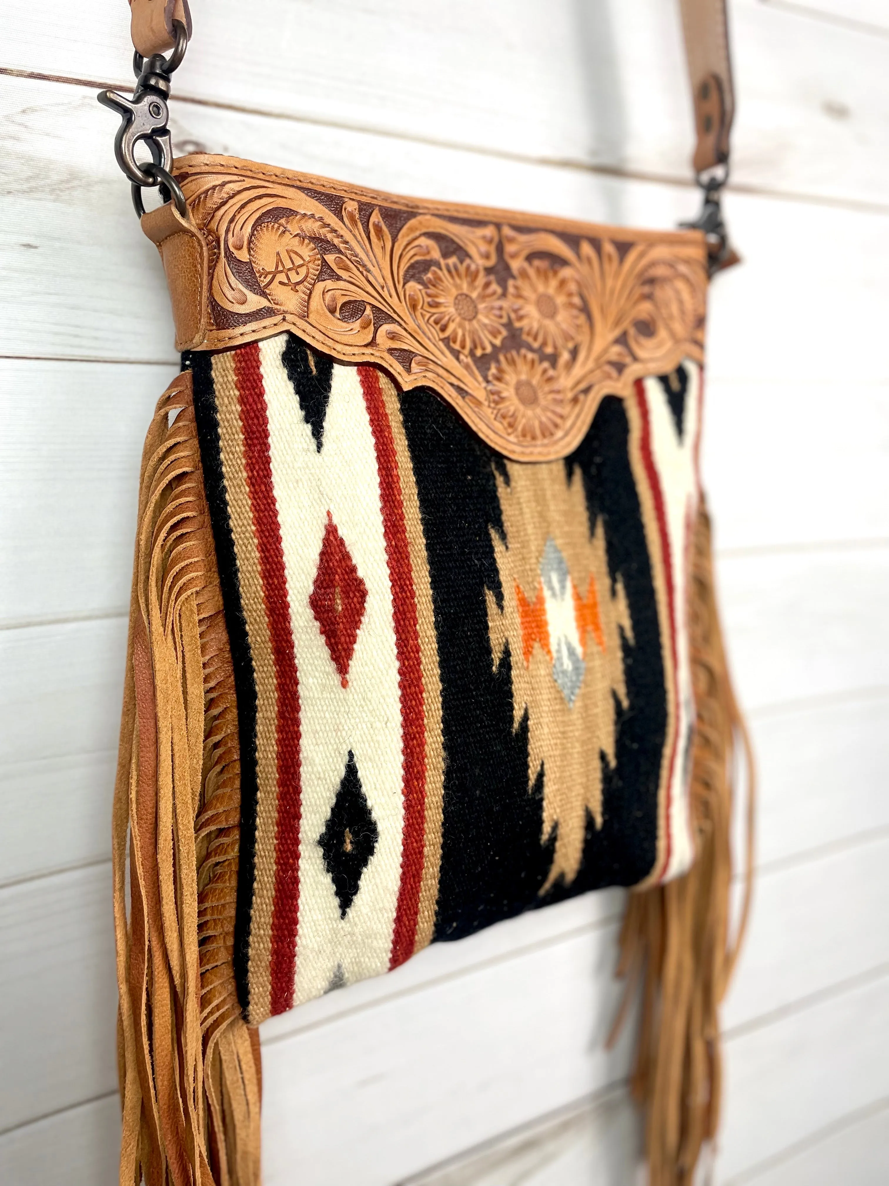 Black and Tan Wool Diamond Pattern Fringe Handbag