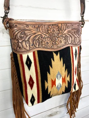 Black and Tan Wool Diamond Pattern Fringe Handbag