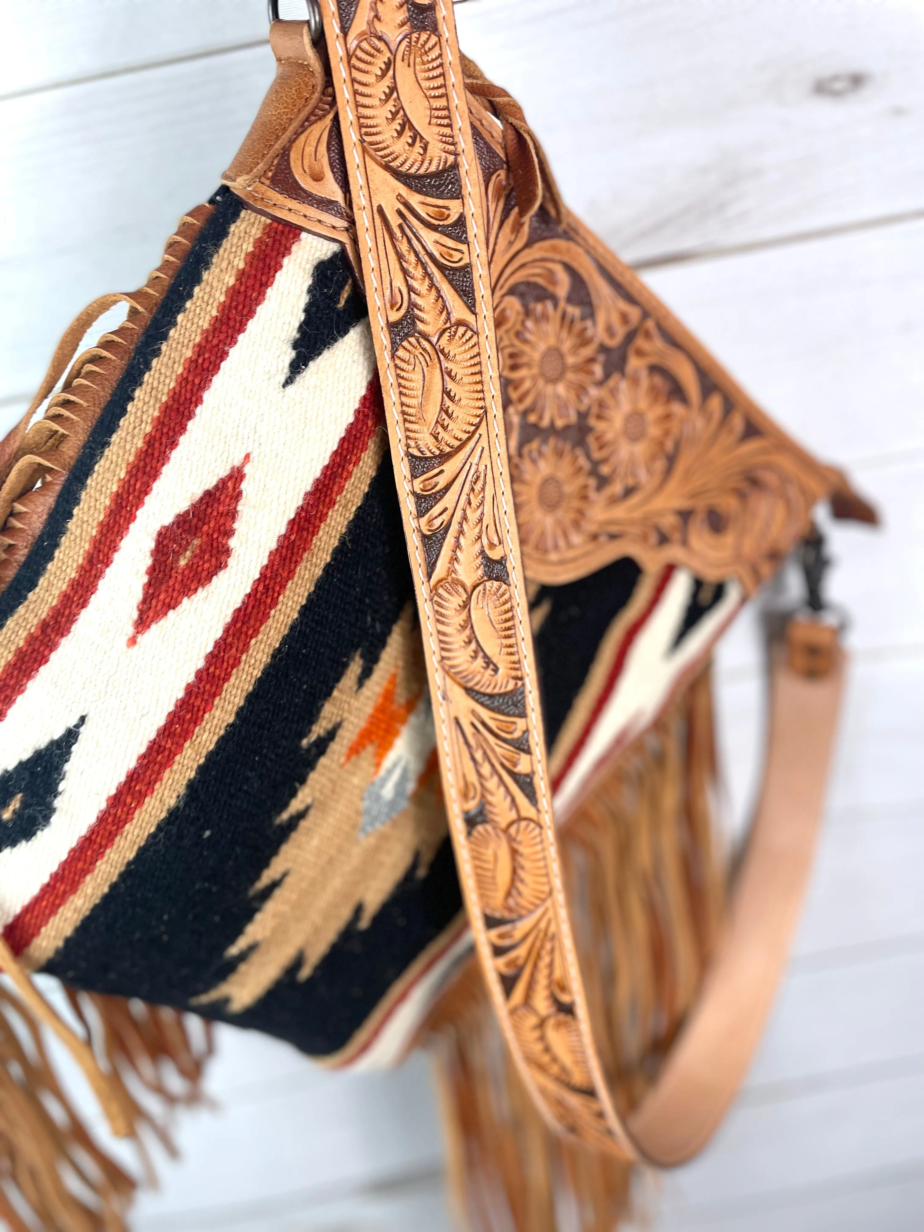 Black and Tan Wool Diamond Pattern Fringe Handbag