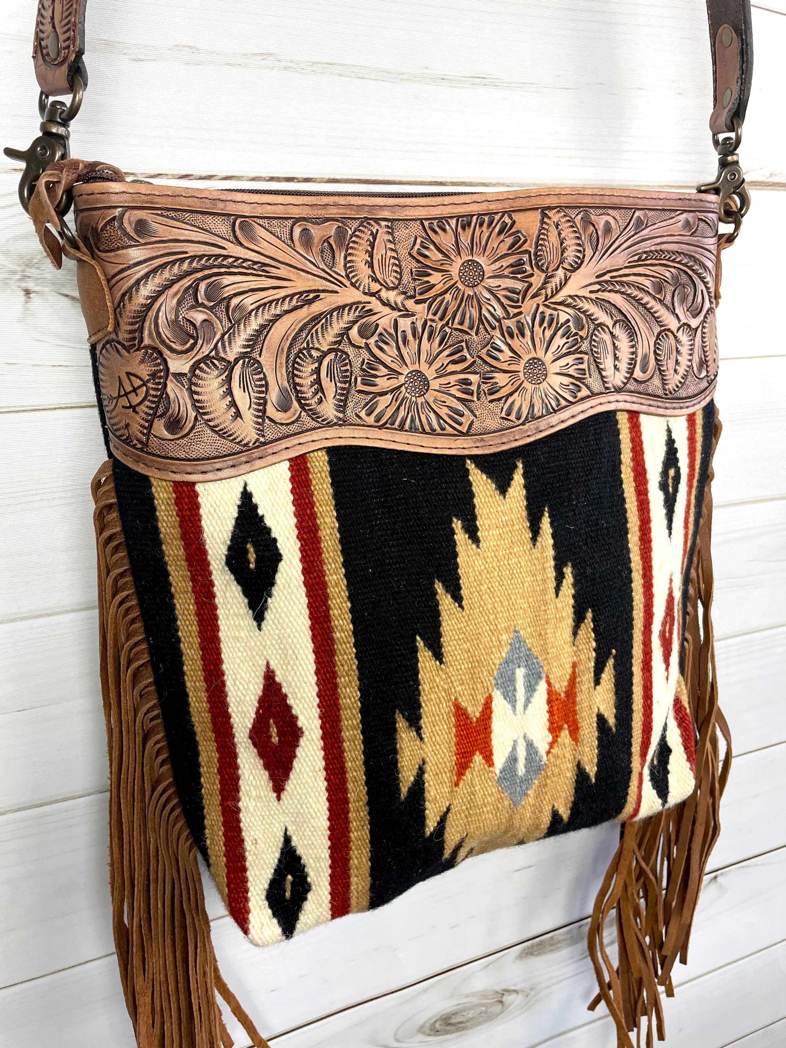 Black and Tan Wool Diamond Pattern Fringe Handbag