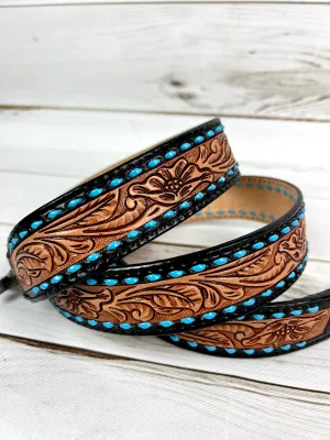 Black, Tan with Teal Blue Buckstitch Leather Floral Tooled Handbag Strap
