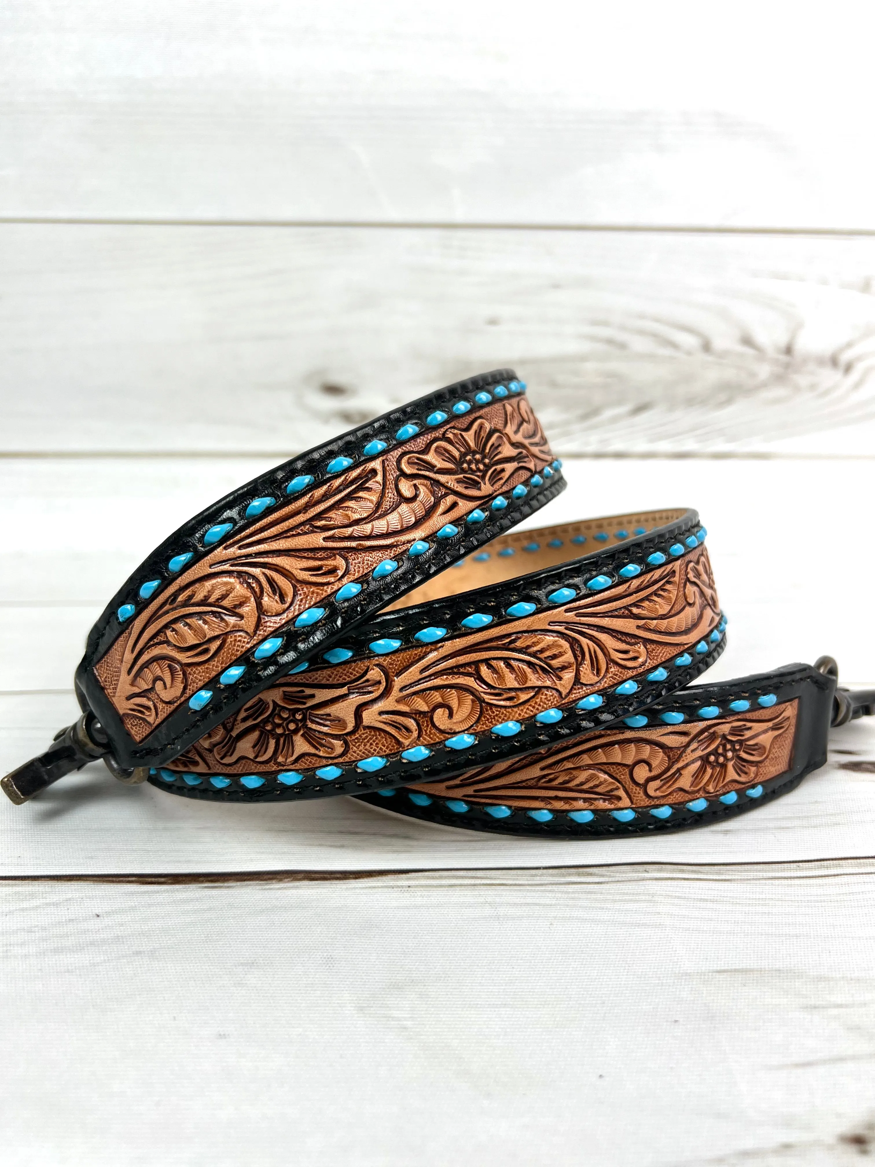 Black, Tan with Teal Blue Buckstitch Leather Floral Tooled Handbag Strap