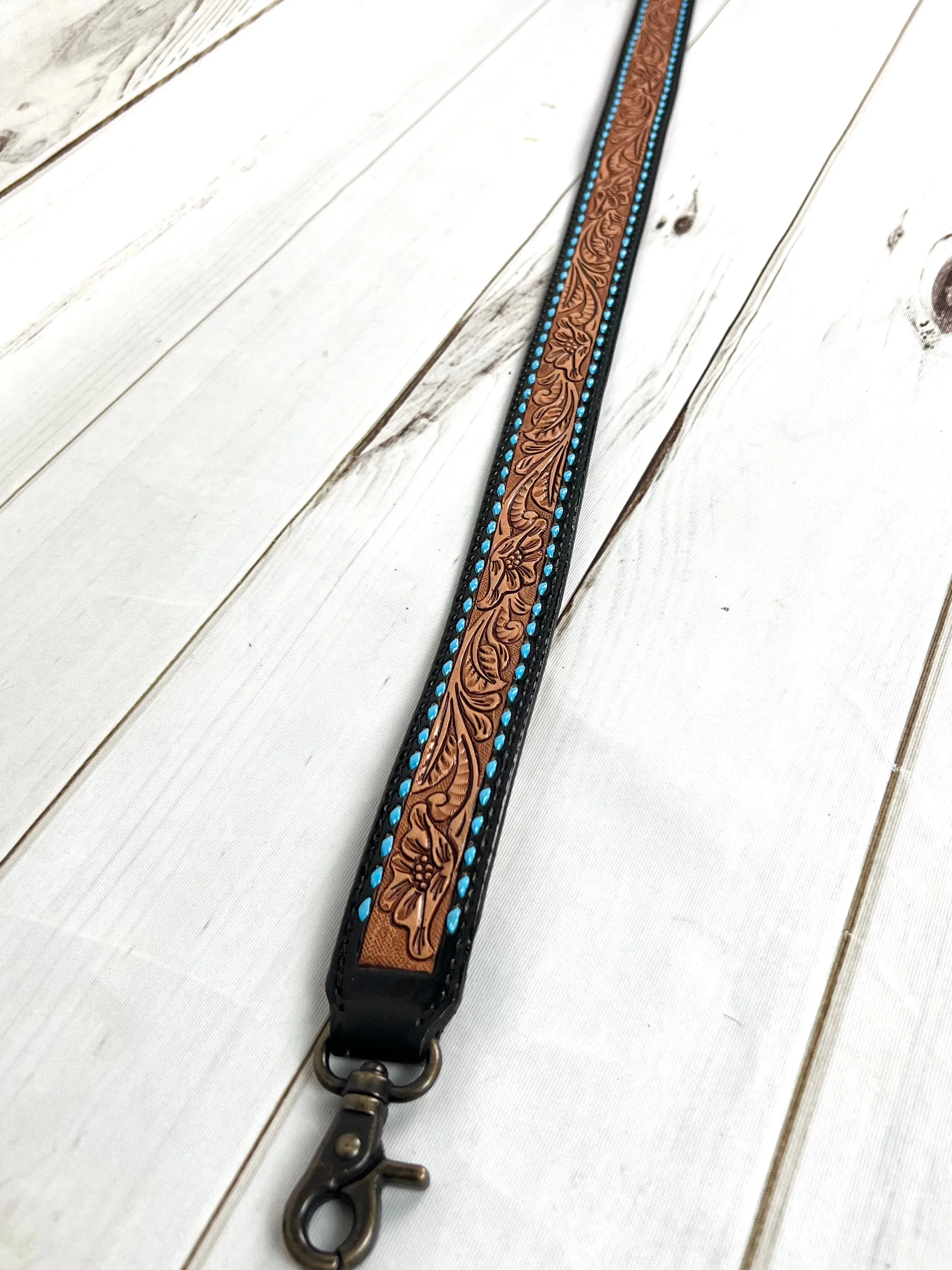 Black, Tan with Teal Blue Buckstitch Leather Floral Tooled Handbag Strap