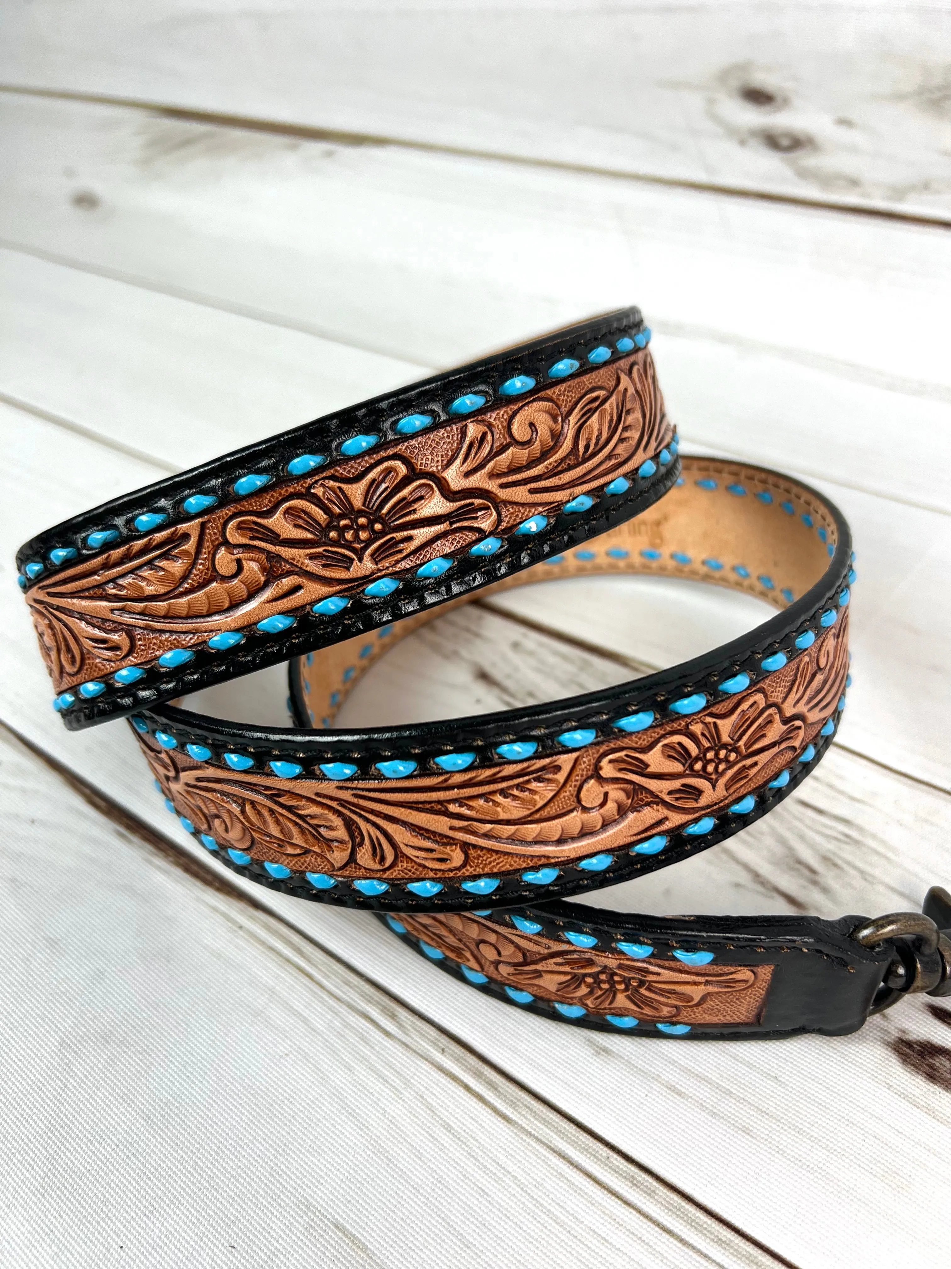 Black, Tan with Teal Blue Buckstitch Leather Floral Tooled Handbag Strap