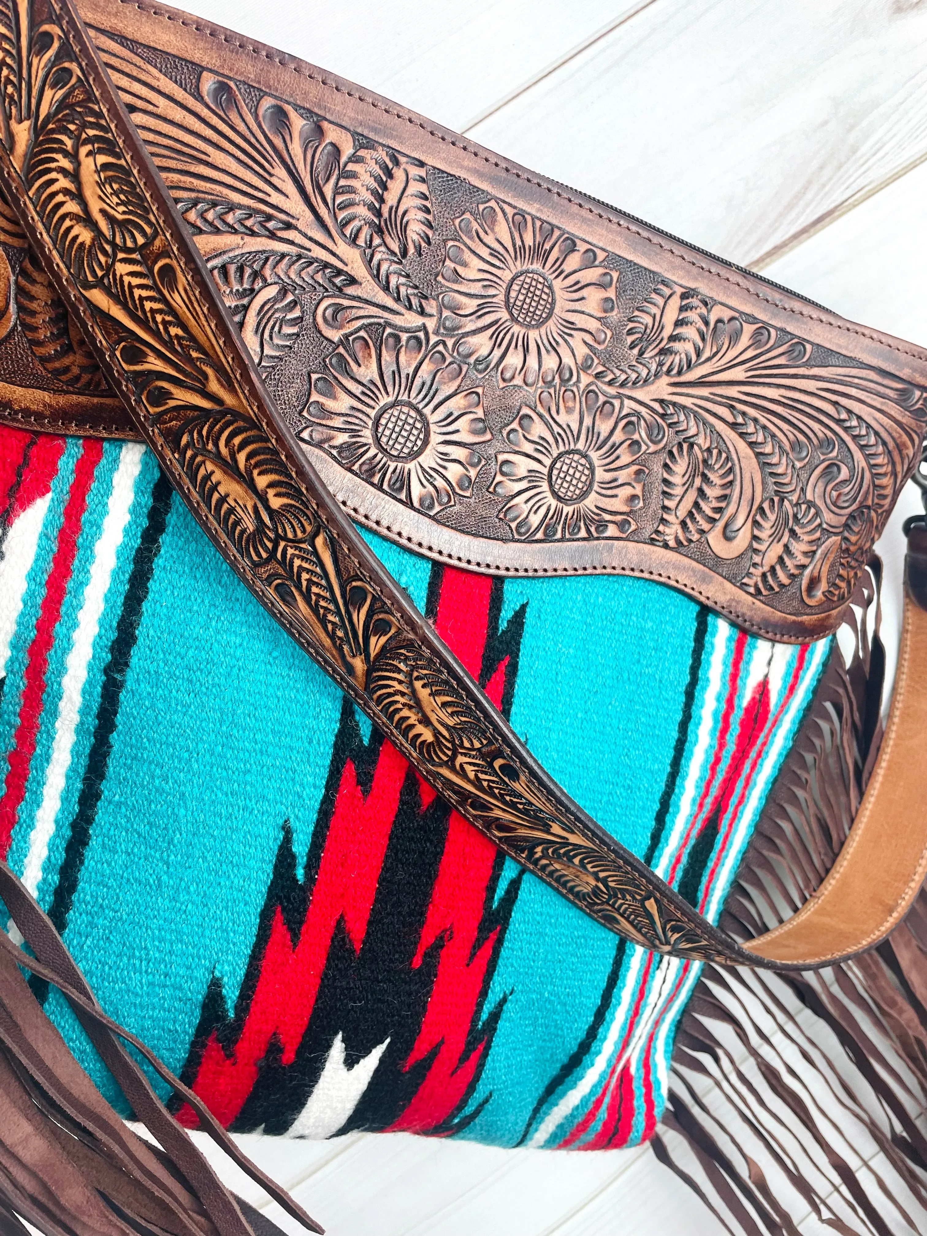 Bold Turquoise and Red Aztec Pattern Wool Handbag