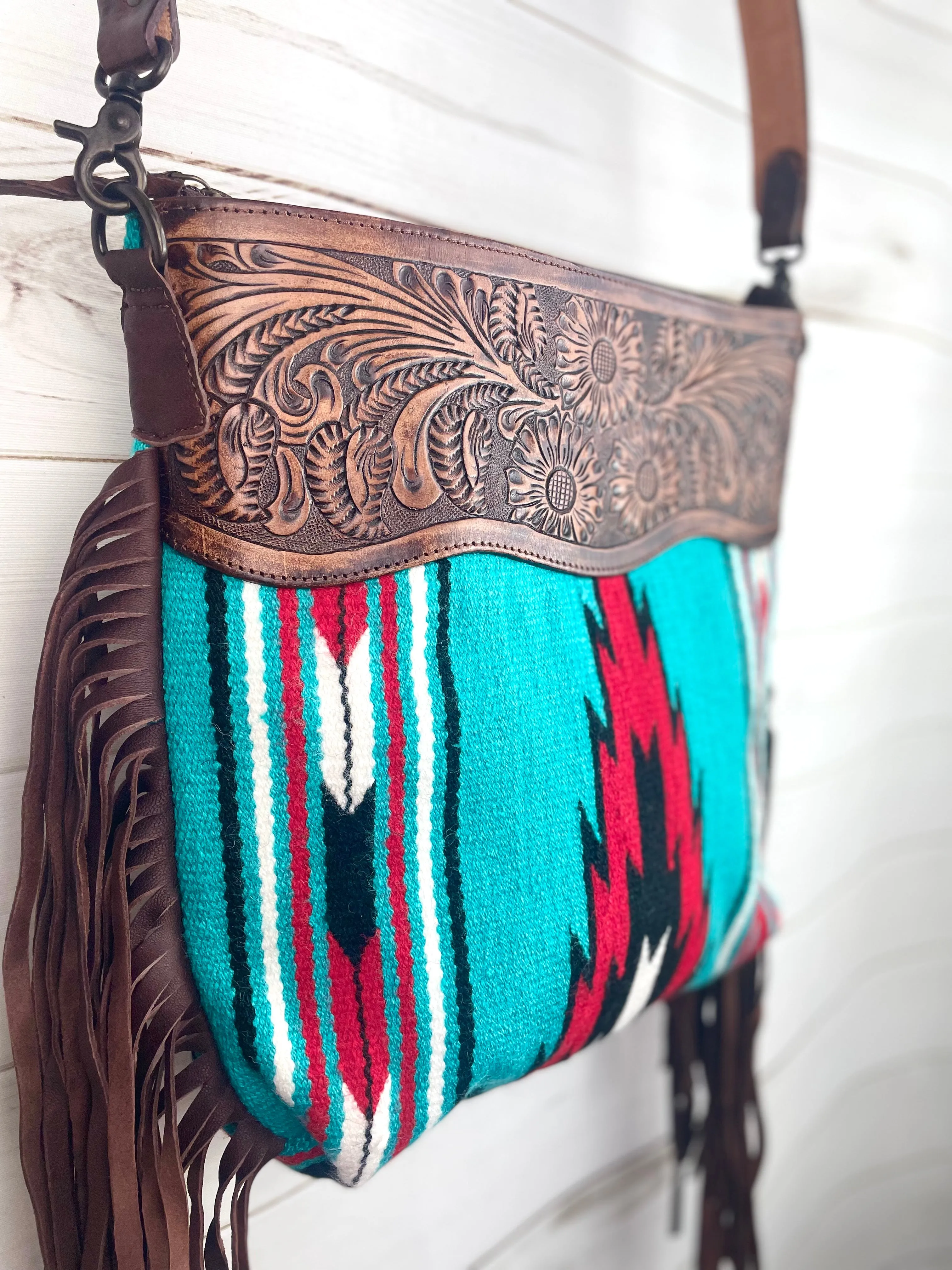 Bold Turquoise and Red Aztec Pattern Wool Handbag