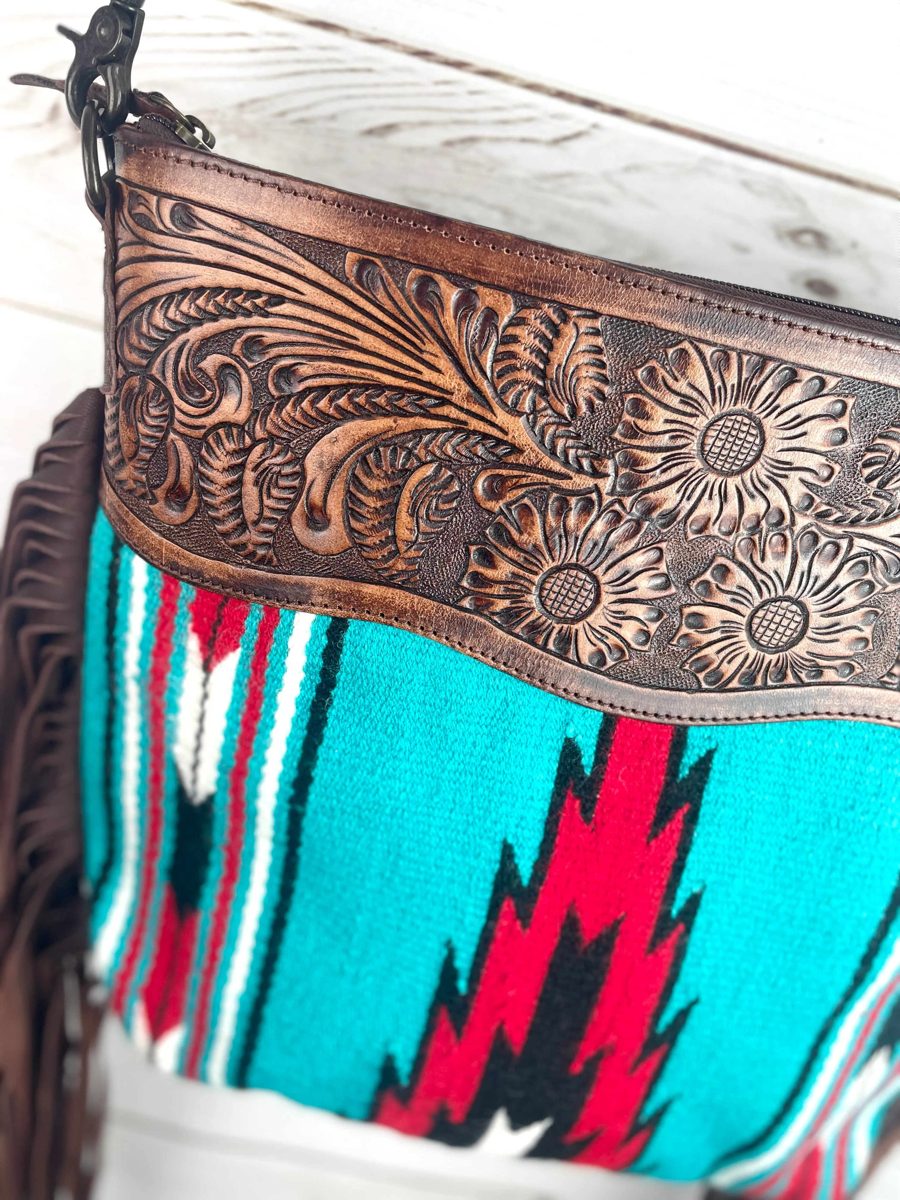Bold Turquoise and Red Aztec Pattern Wool Handbag