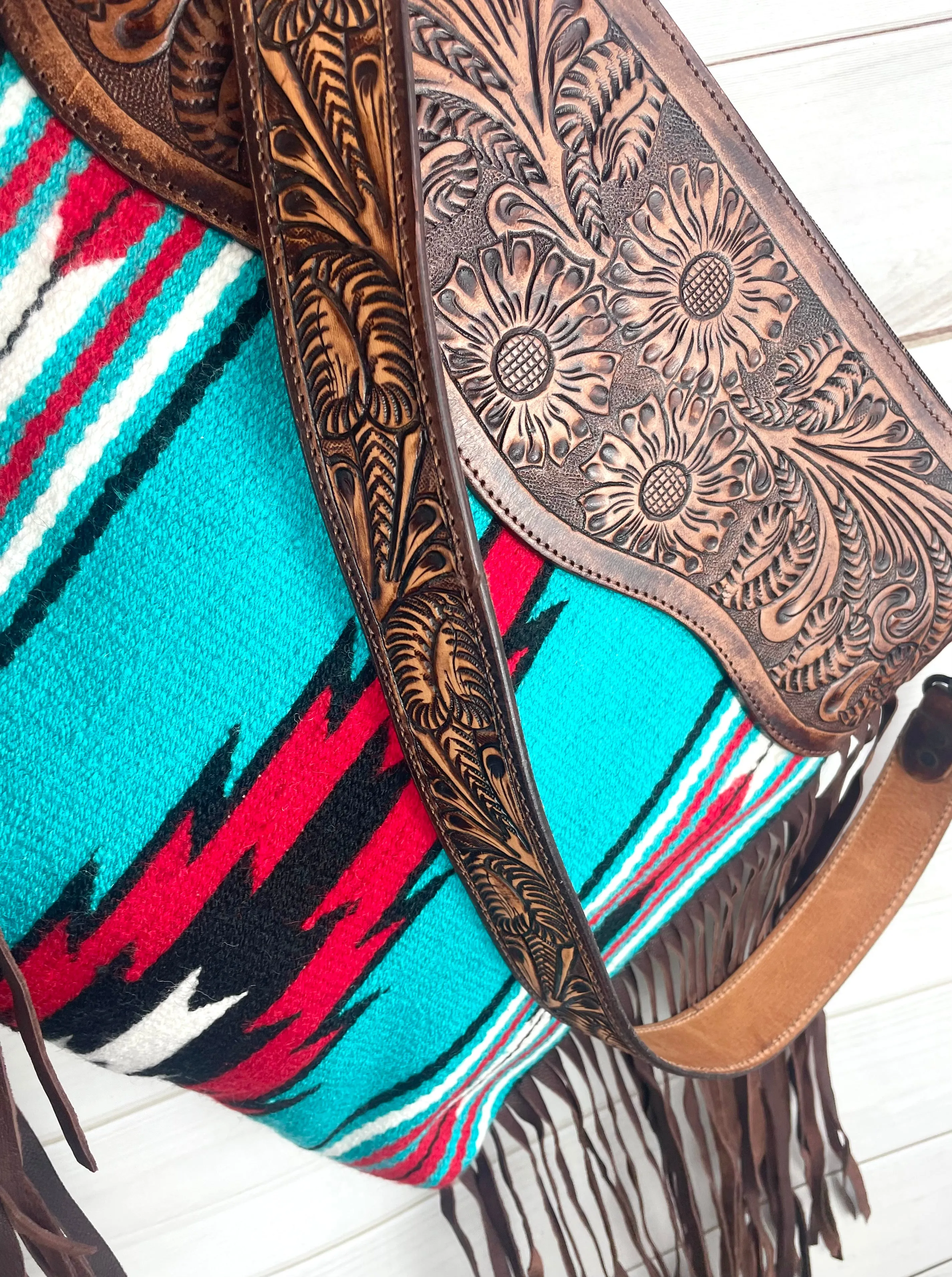 Bold Turquoise and Red Aztec Pattern Wool Handbag