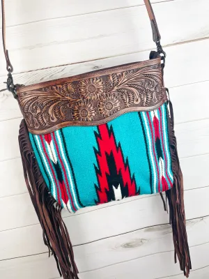 Bold Turquoise and Red Aztec Pattern Wool Handbag
