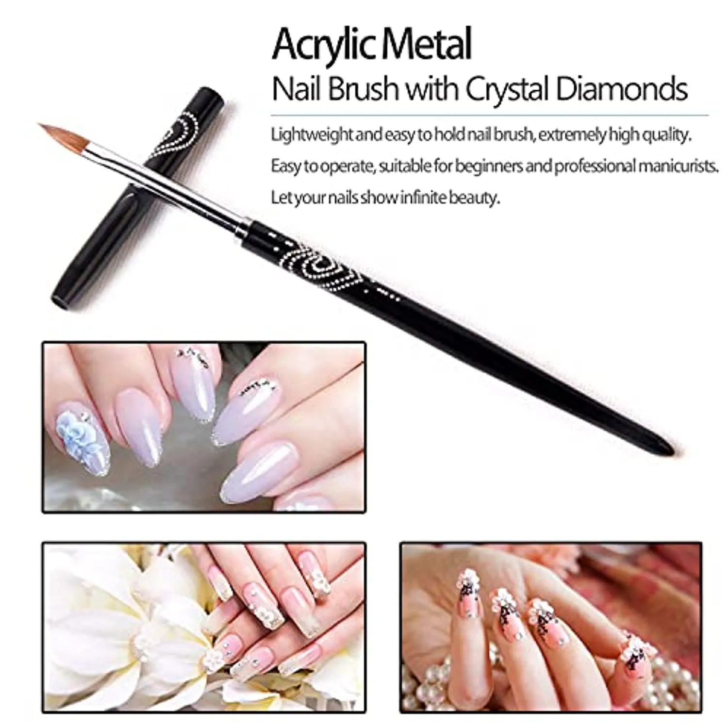 BQAN 3D Kolinsky Nail Art Brush 1Pc #6, Professional nail brushes for acrylic application,  Natural Wooden Handle with Rhinestone Design