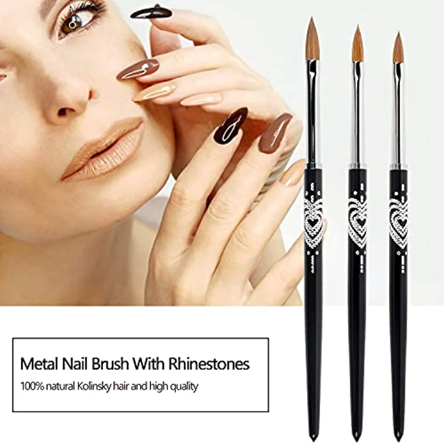 BQAN 3D Kolinsky Nail Art Brush 1Pc #6, Professional nail brushes for acrylic application,  Natural Wooden Handle with Rhinestone Design