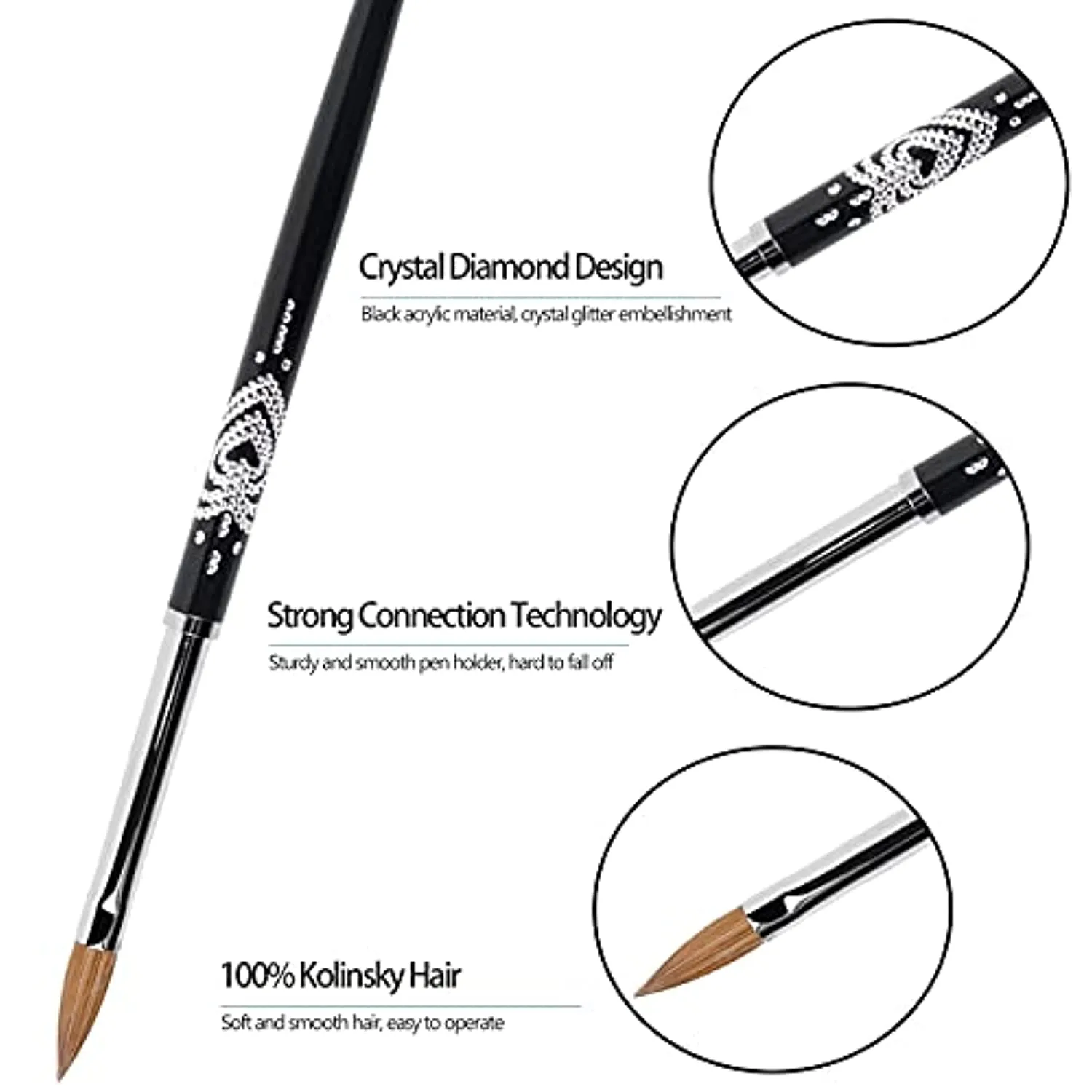 BQAN 3D Kolinsky Nail Art Brush 1Pc #6, Professional nail brushes for acrylic application,  Natural Wooden Handle with Rhinestone Design