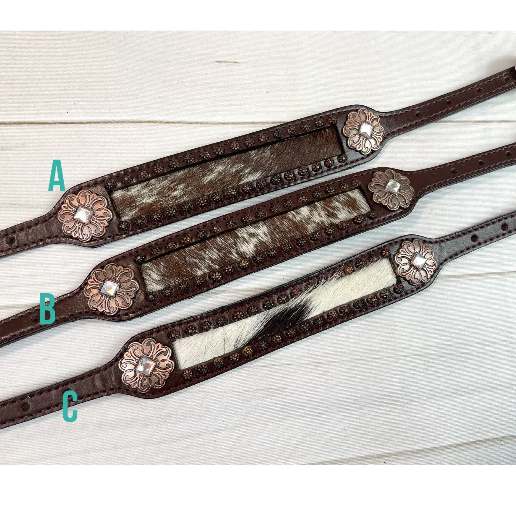Brown Cowhide Leather Copper Floral Concho Wither Strap