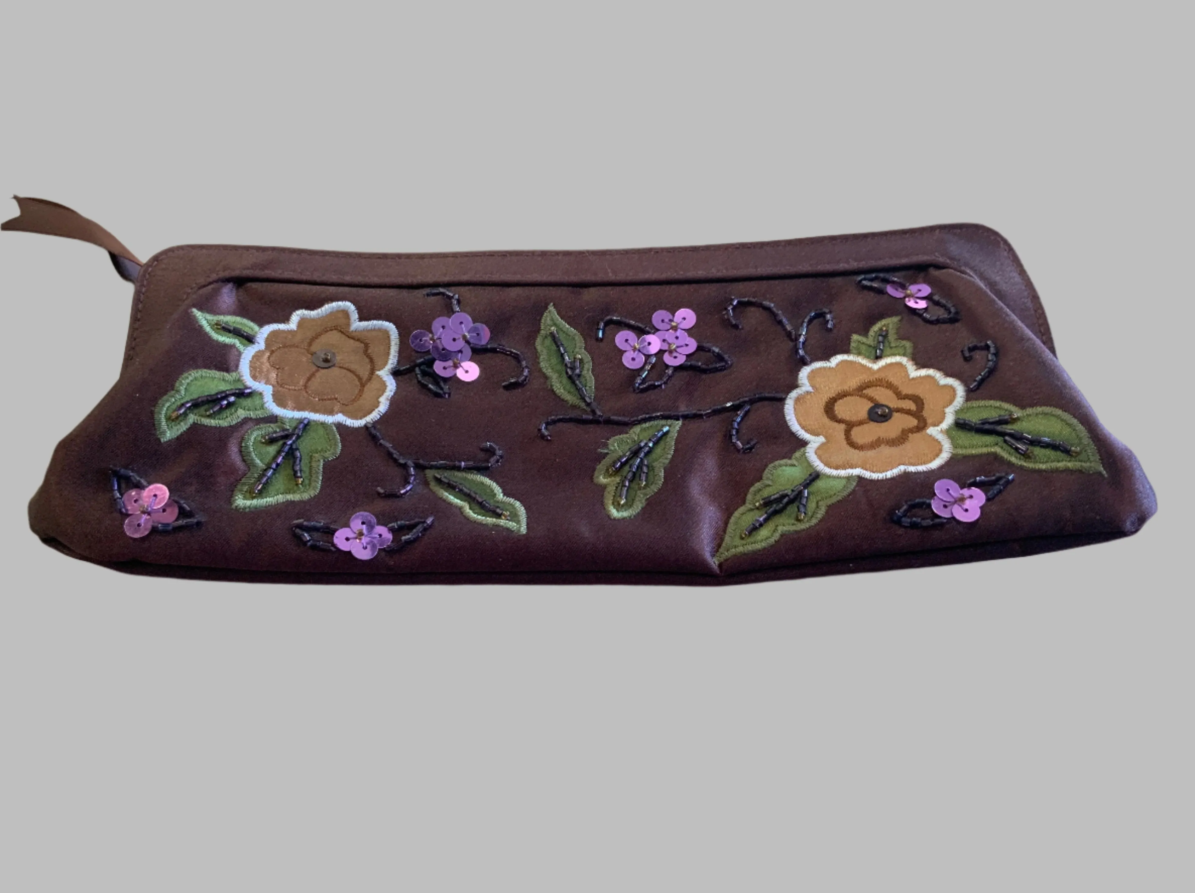 Brown Embroidered w/Flowers Zippered Clutch