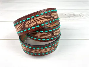 Brown Feather Handbag Strap with Turquoise Buckstitch