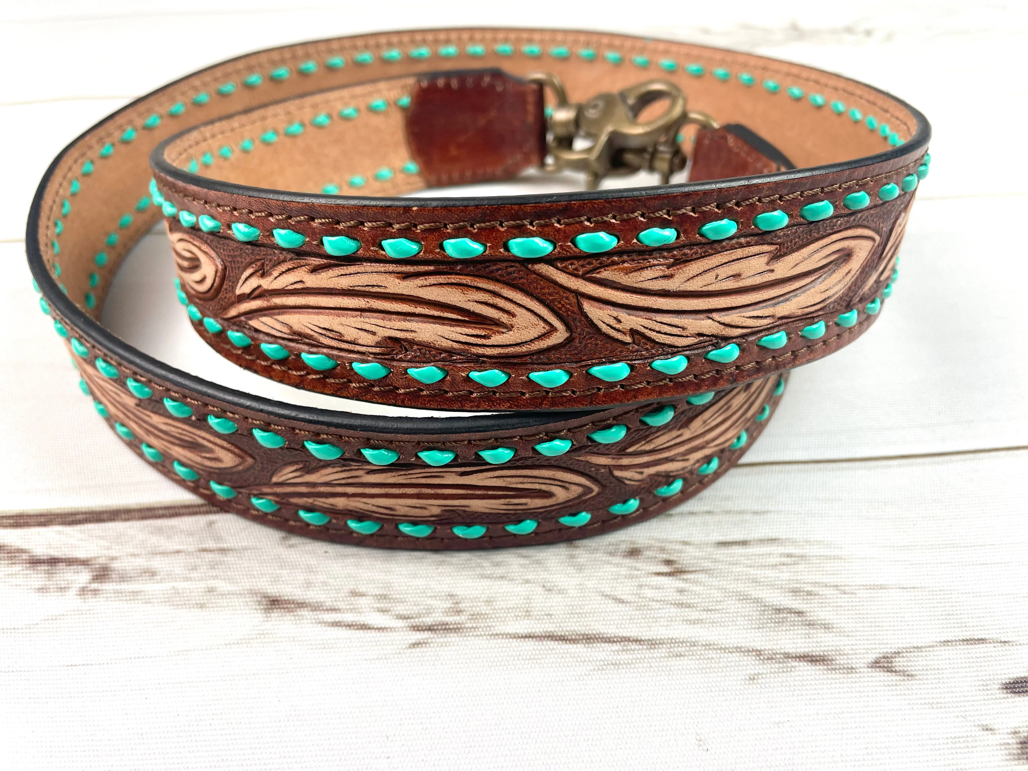 Brown Feather Handbag Strap with Turquoise Buckstitch
