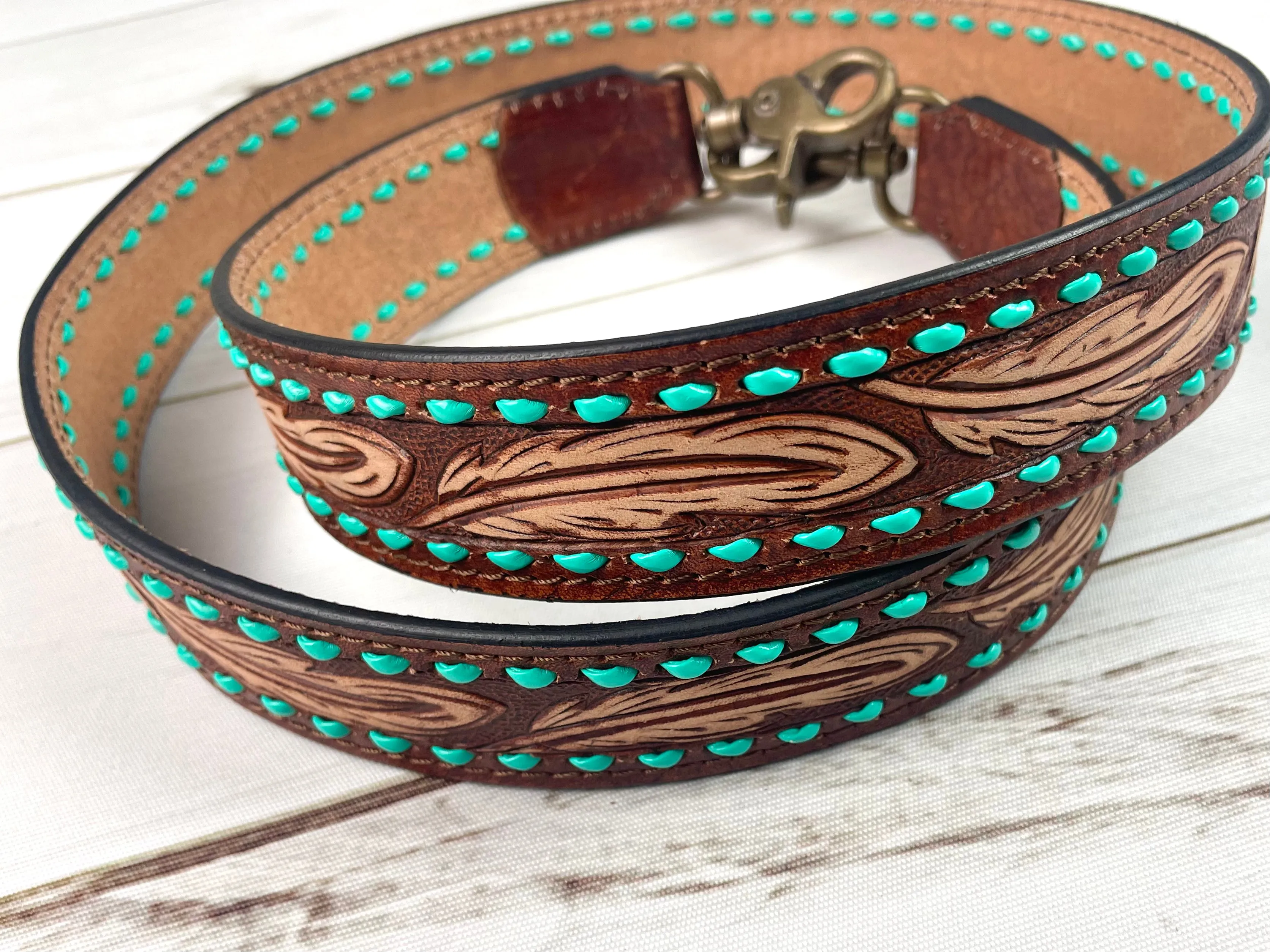 Brown Feather Handbag Strap with Turquoise Buckstitch