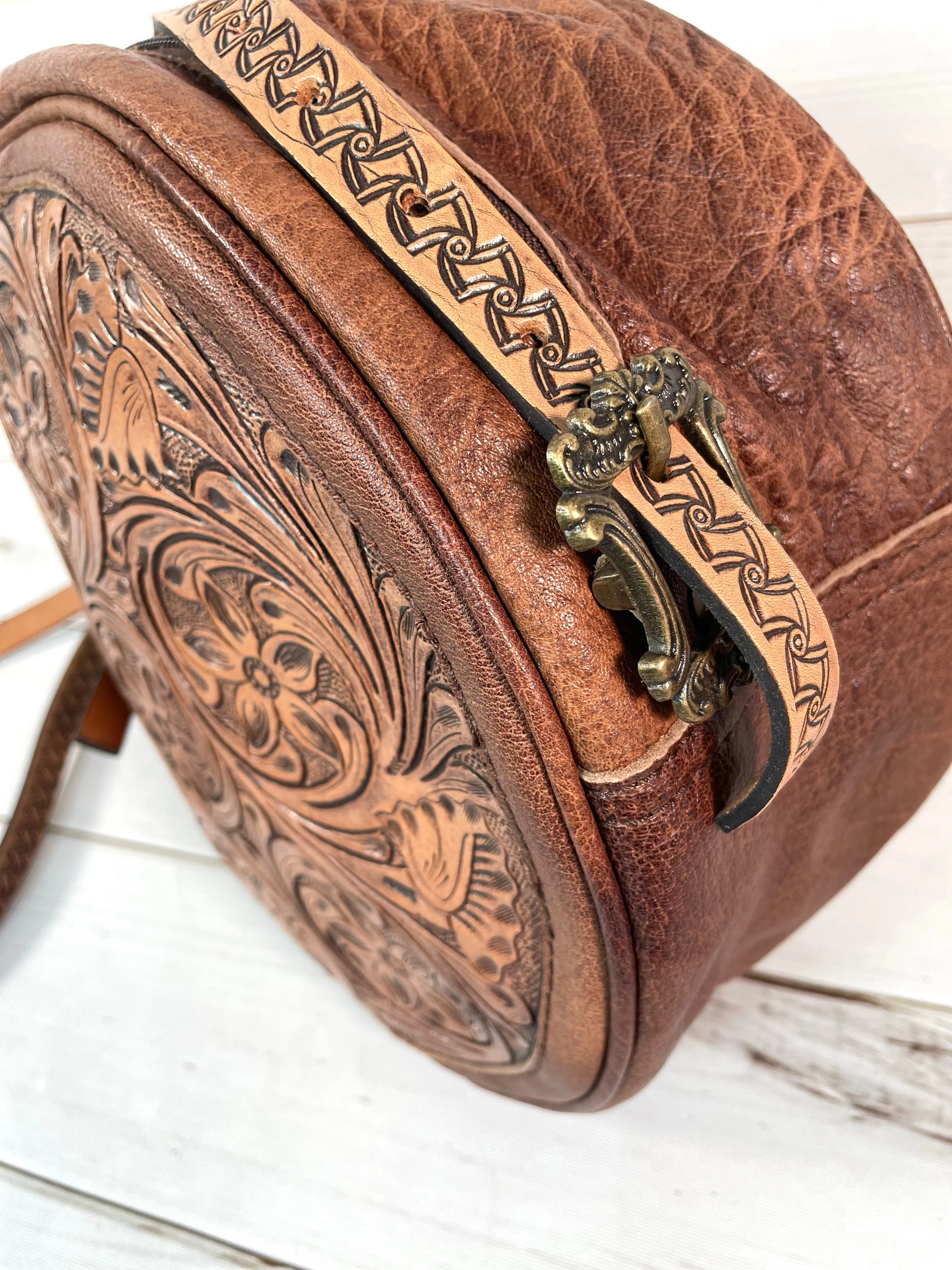 Brown Leather Floral Tooled Round Canteen Crossbody Bag