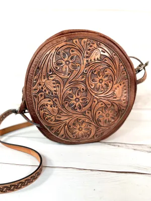 Brown Leather Floral Tooled Round Canteen Crossbody Bag