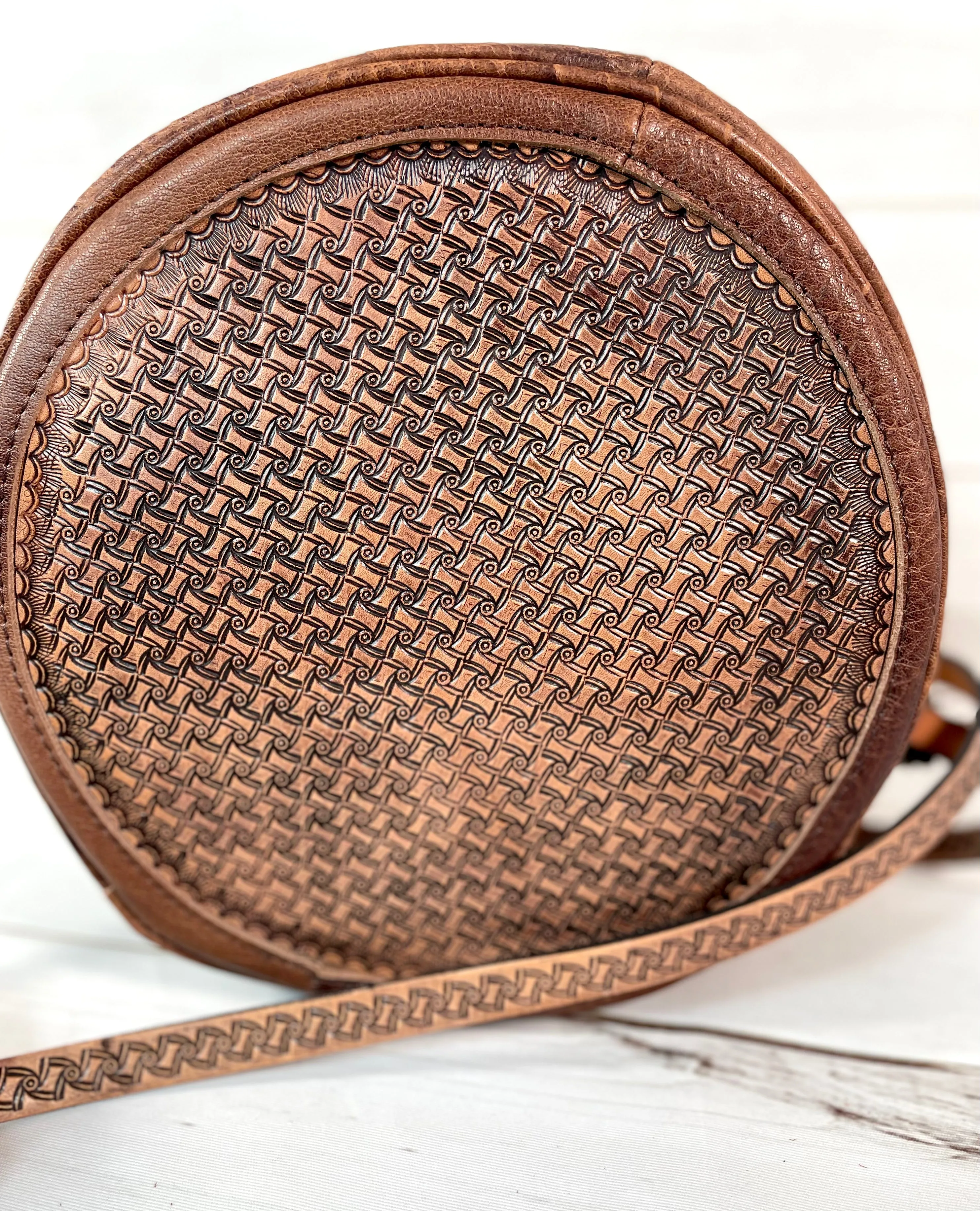 Brown Leather Floral Tooled Round Canteen Crossbody Bag