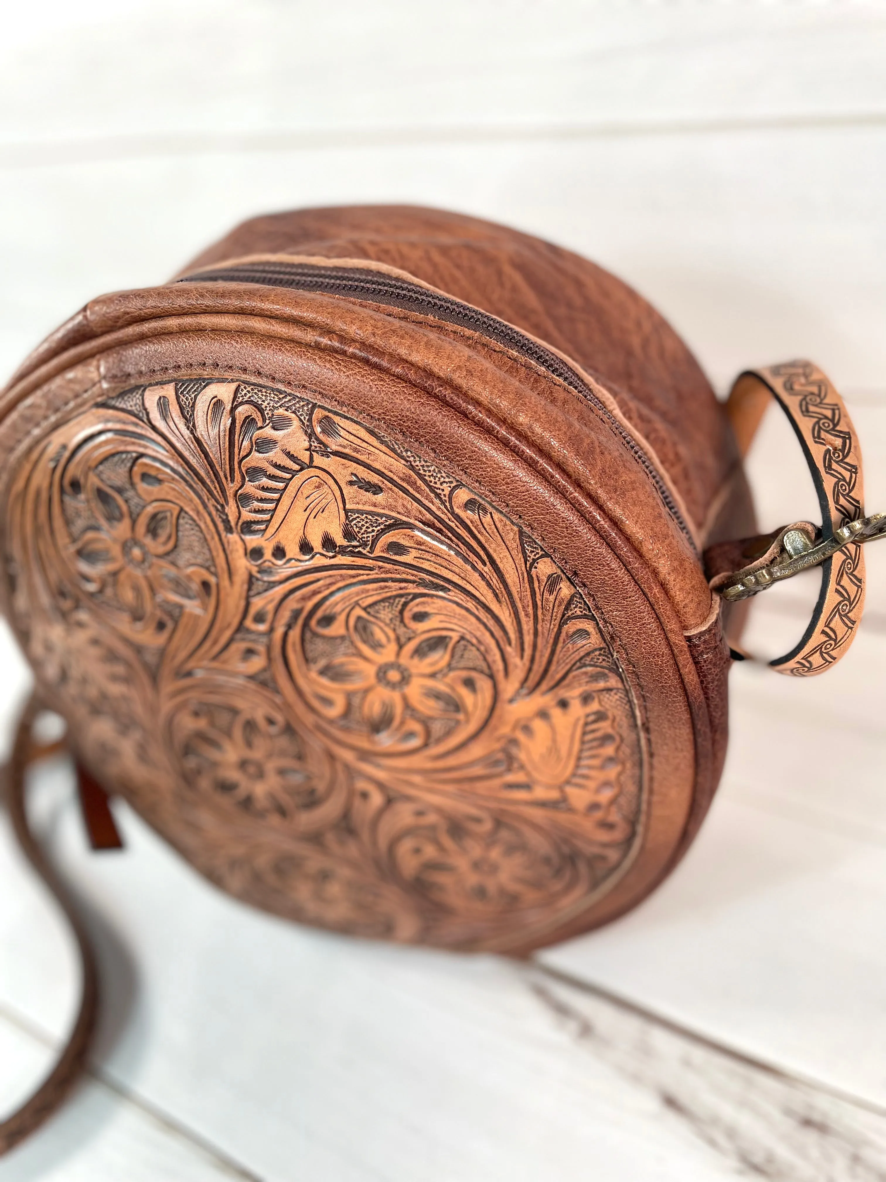 Brown Leather Floral Tooled Round Canteen Crossbody Bag