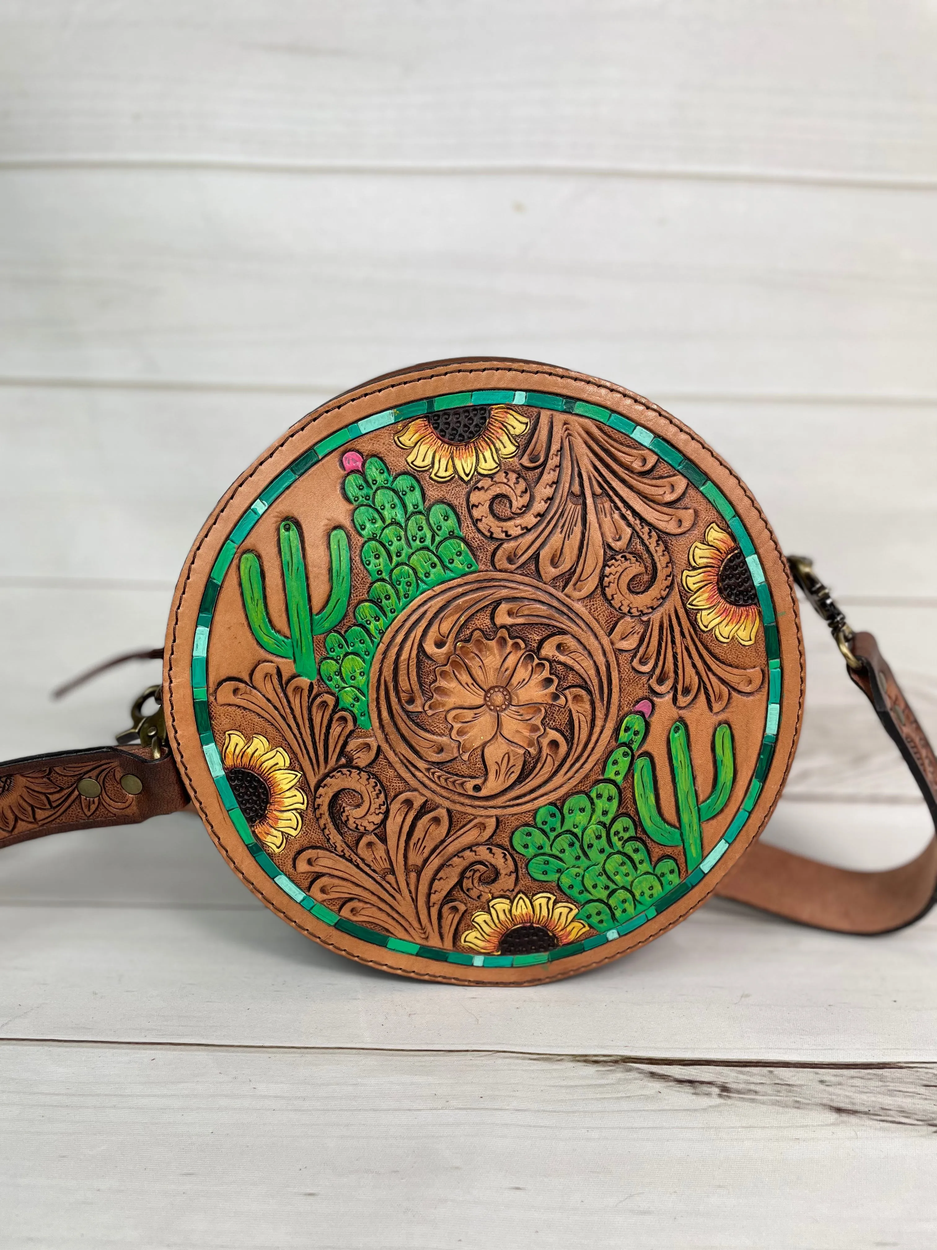 Cactus Sunflower Leather Tooled & Painted Buckstitch Round Canteen Crossbody Bag
