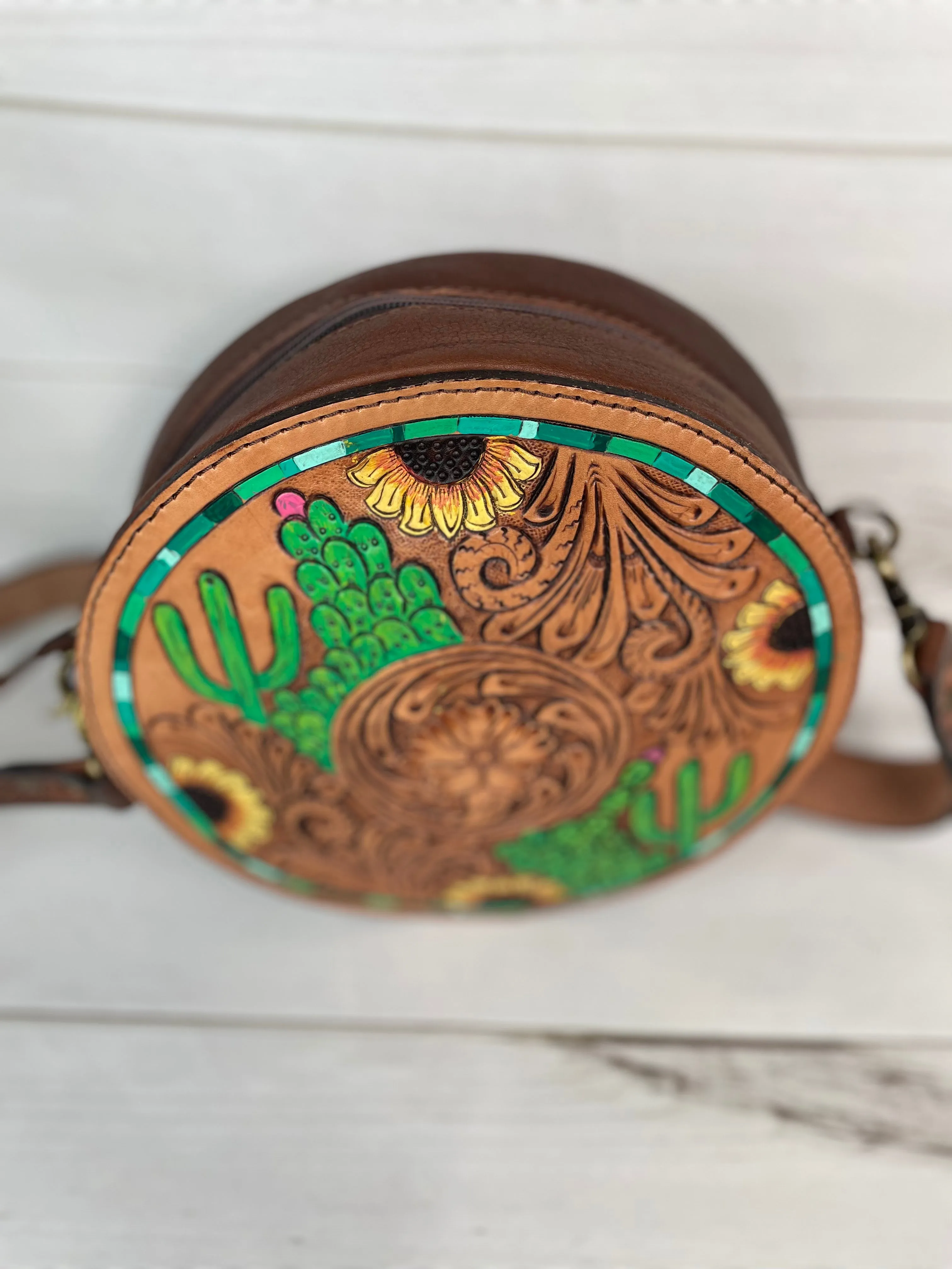 Cactus Sunflower Leather Tooled & Painted Buckstitch Round Canteen Crossbody Bag