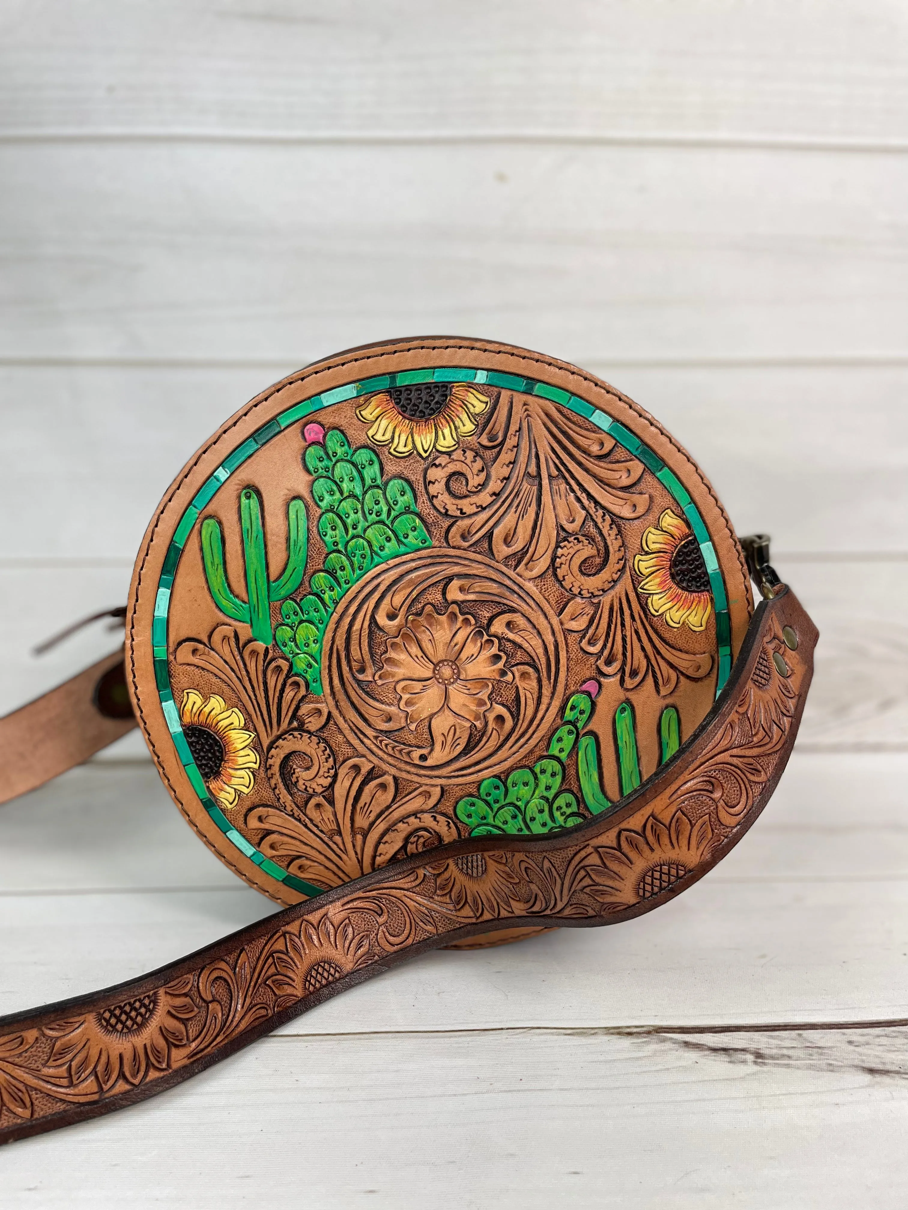 Cactus Sunflower Leather Tooled & Painted Buckstitch Round Canteen Crossbody Bag