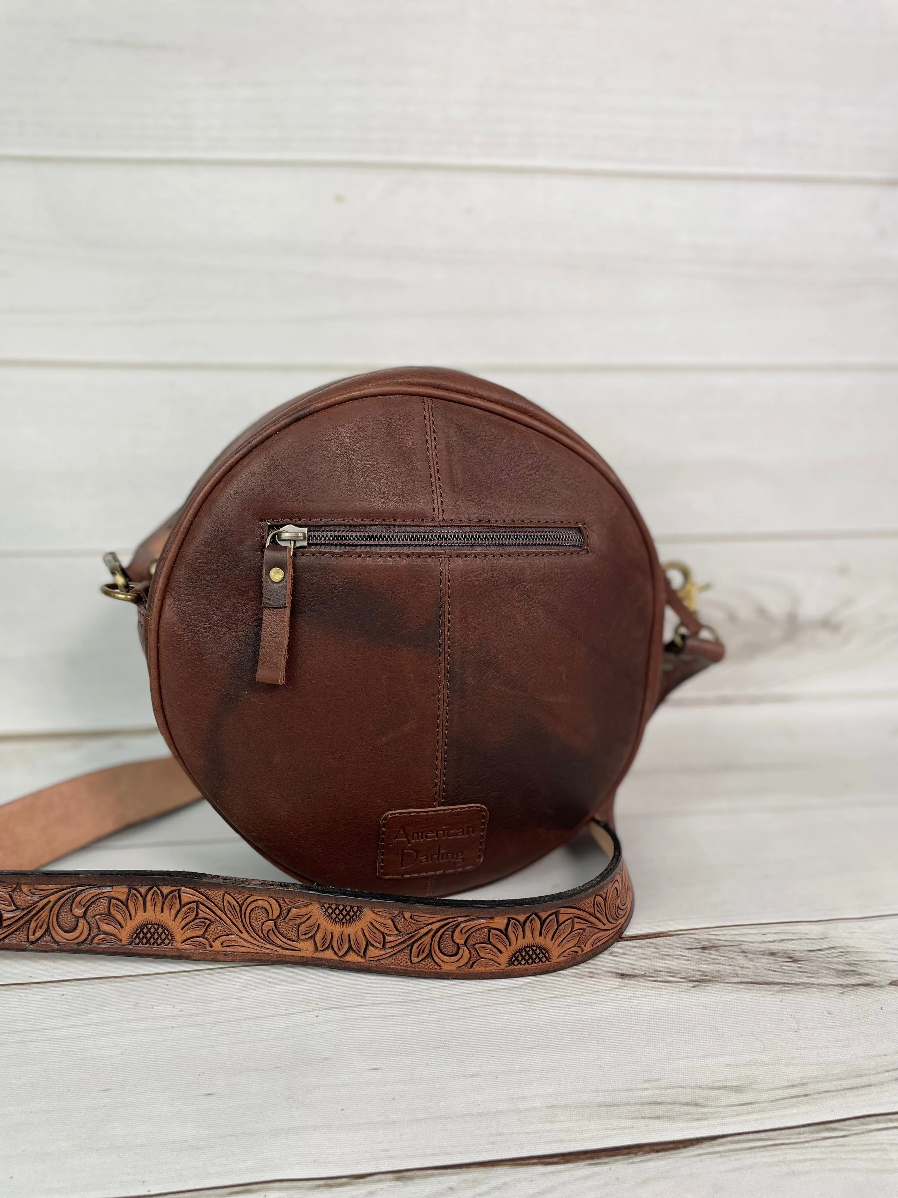 Cactus Sunflower Leather Tooled & Painted Buckstitch Round Canteen Crossbody Bag